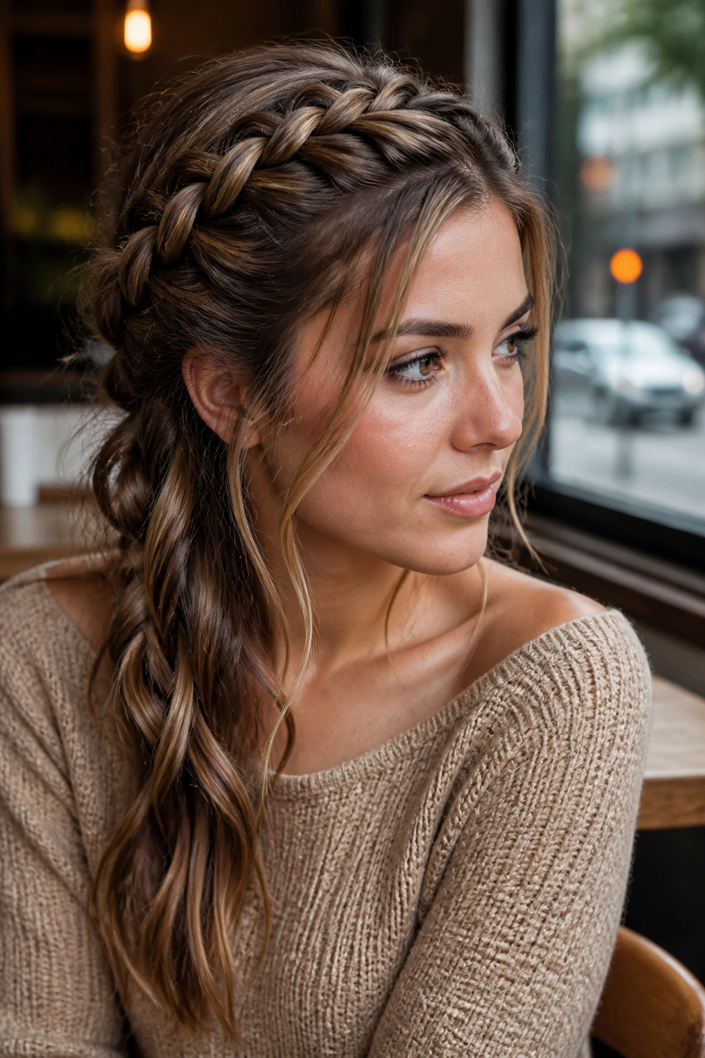 Three-quarter portrait of a real woman with a side Dutch braid
