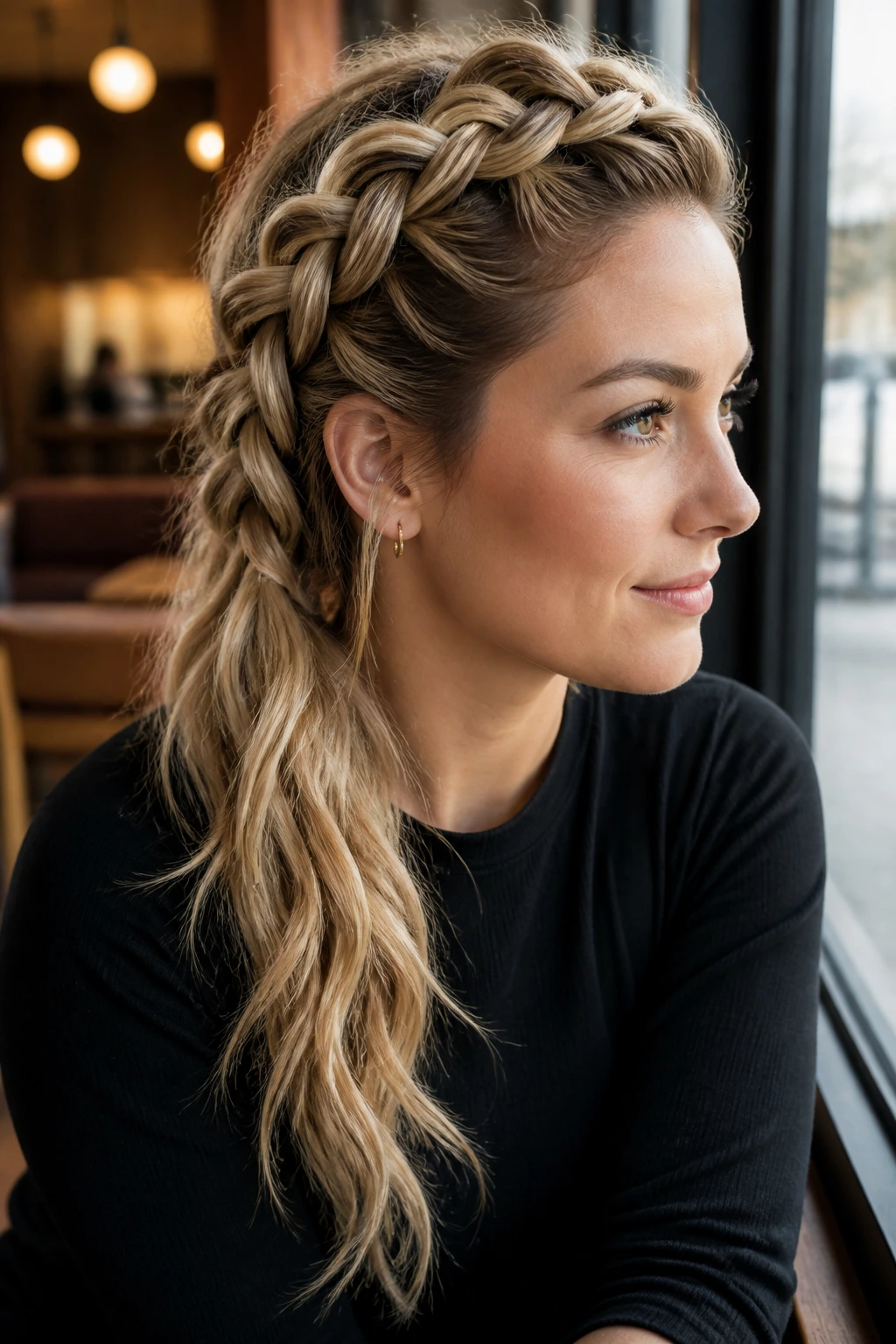 Portrait of a woman with a side-swept Dutch braid and textured ends