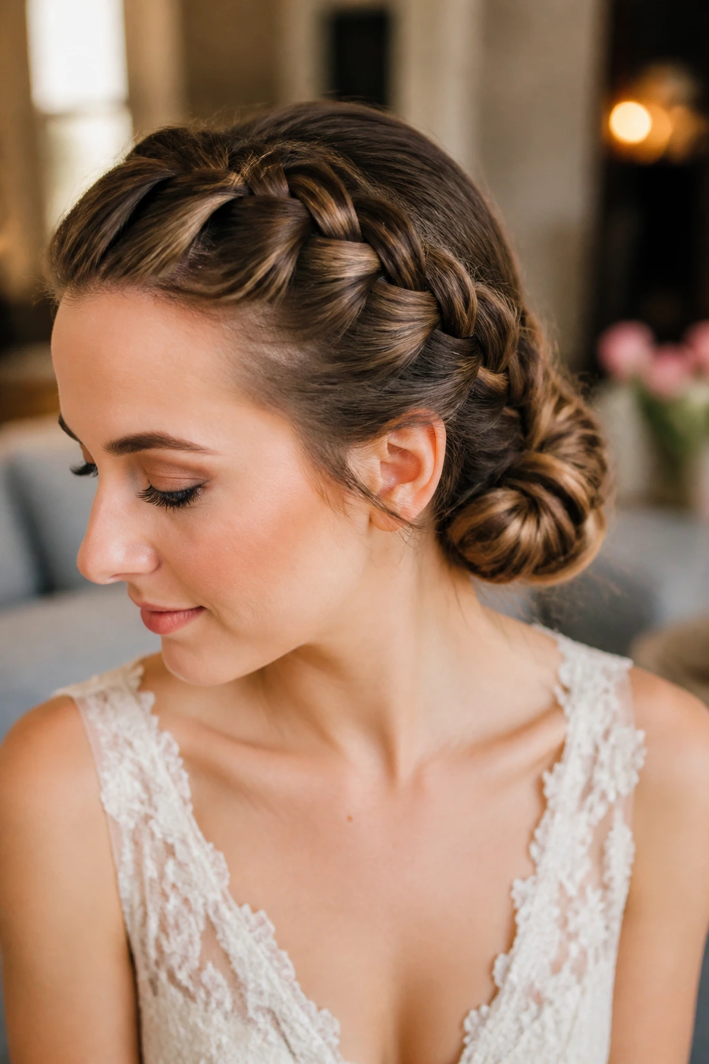 Portrait of a woman with a diagonally braided Dutch braid ending in a side bun.