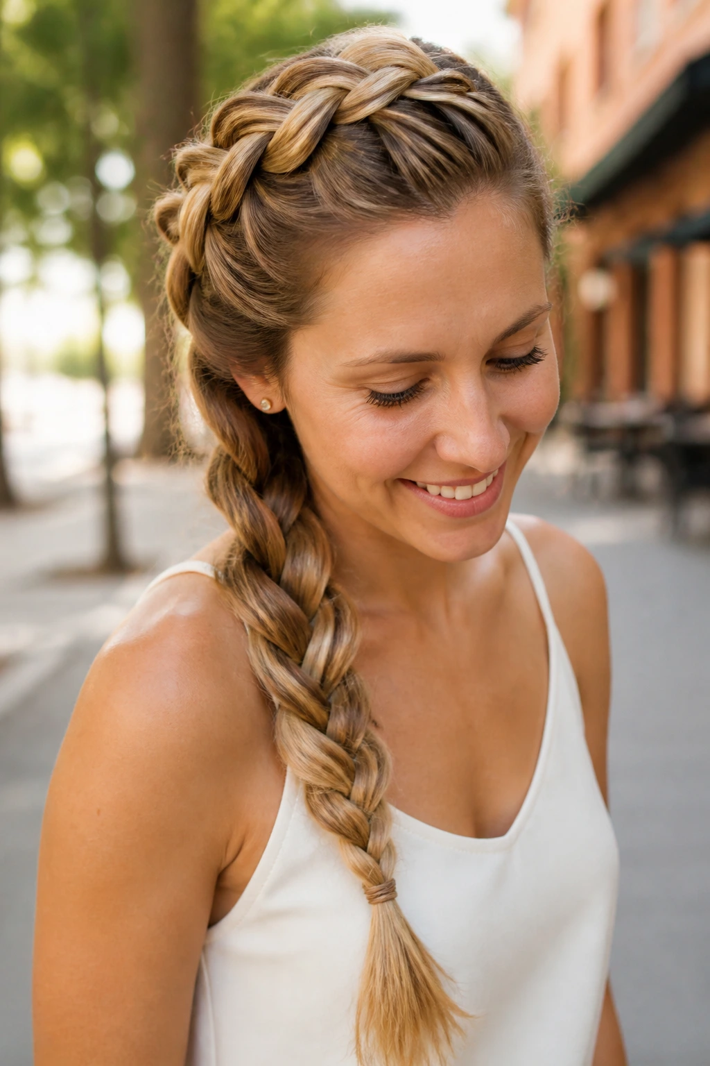 Portrait of a woman with a side Dutch braid over the shoulder