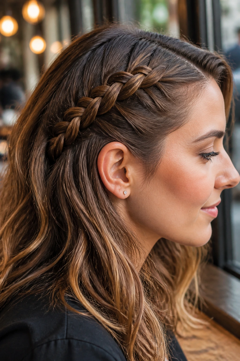 Side-part Dutch braid along the heavy side behind the ear on a real person