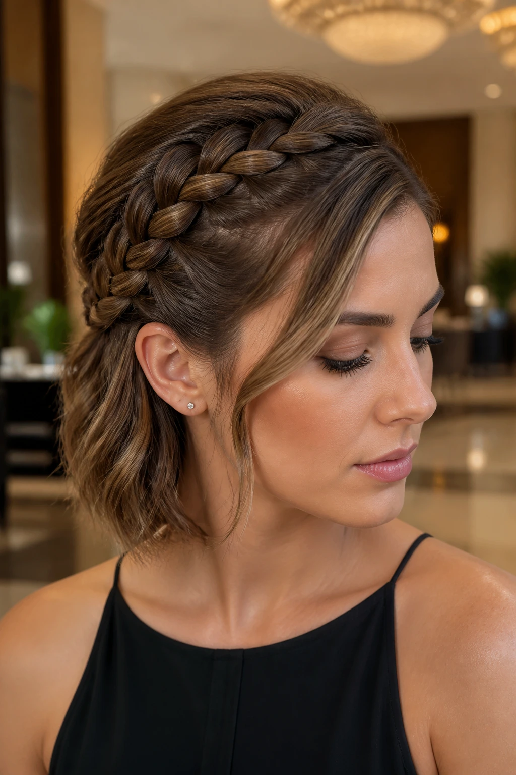 Portrait of a woman with a side Dutch braid pinned behind the ear.