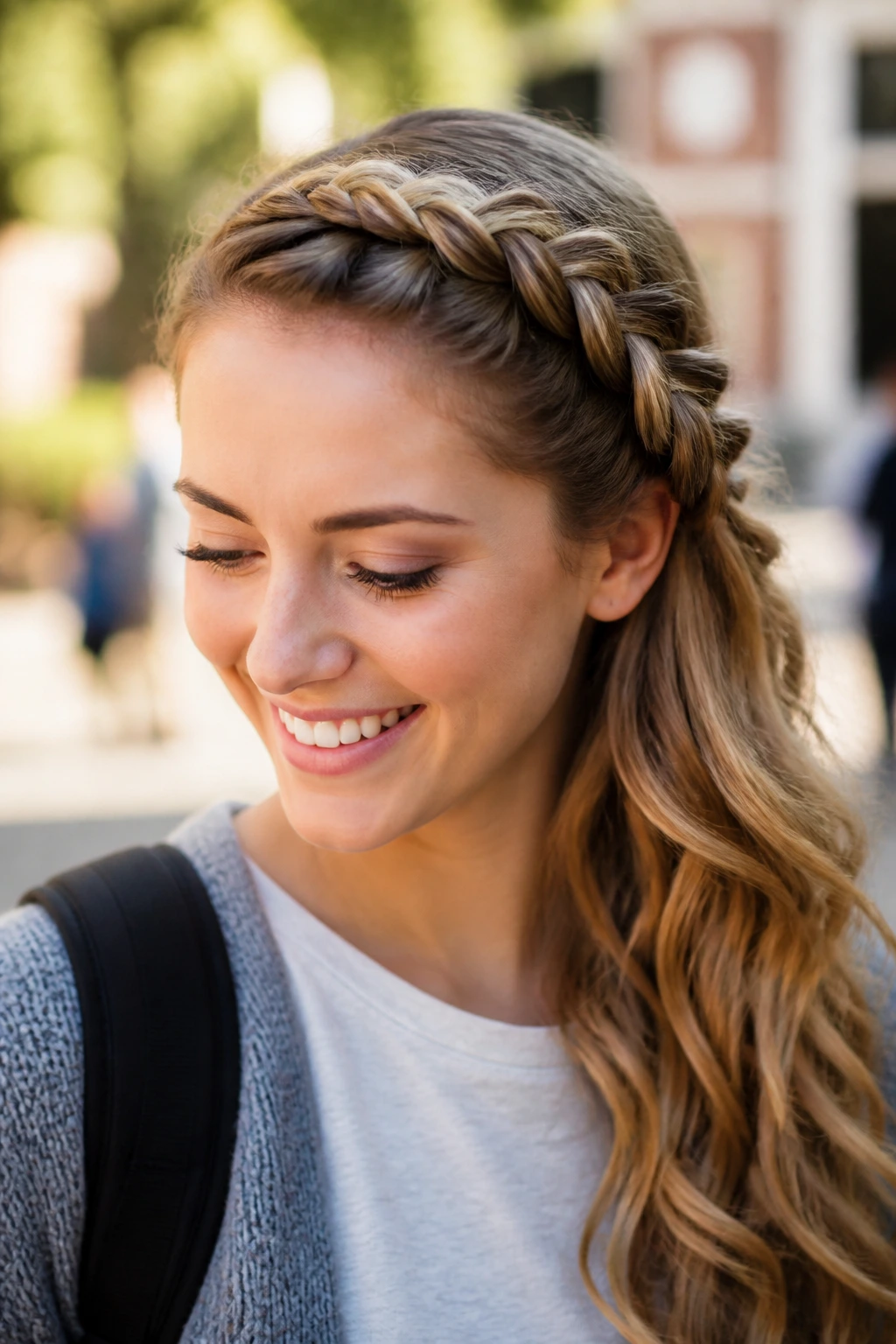 Side-swept Dutch braid along hairline on a real person outdoors.