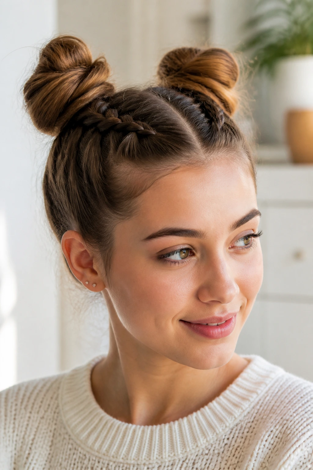 Close-up of a person with two Dutch braids turned into space buns