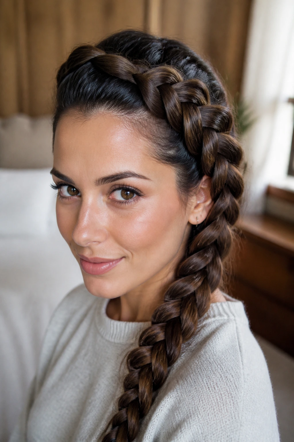 Close-up of a thick Dutch braid along a deep side part on a real woman in a cozy bedroom with natural light