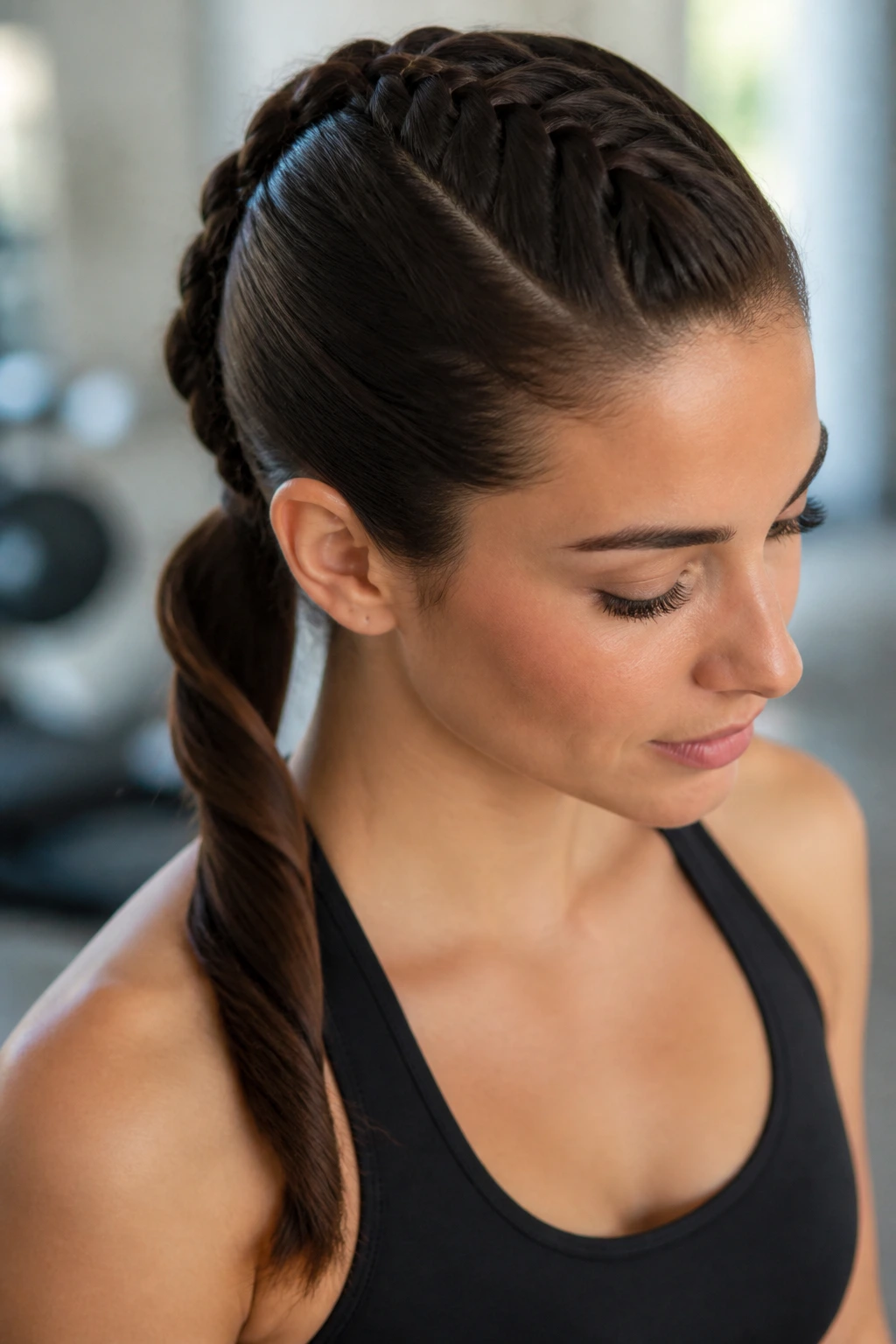 Portrait of a woman with a Dutch braid into a twisted ponytail