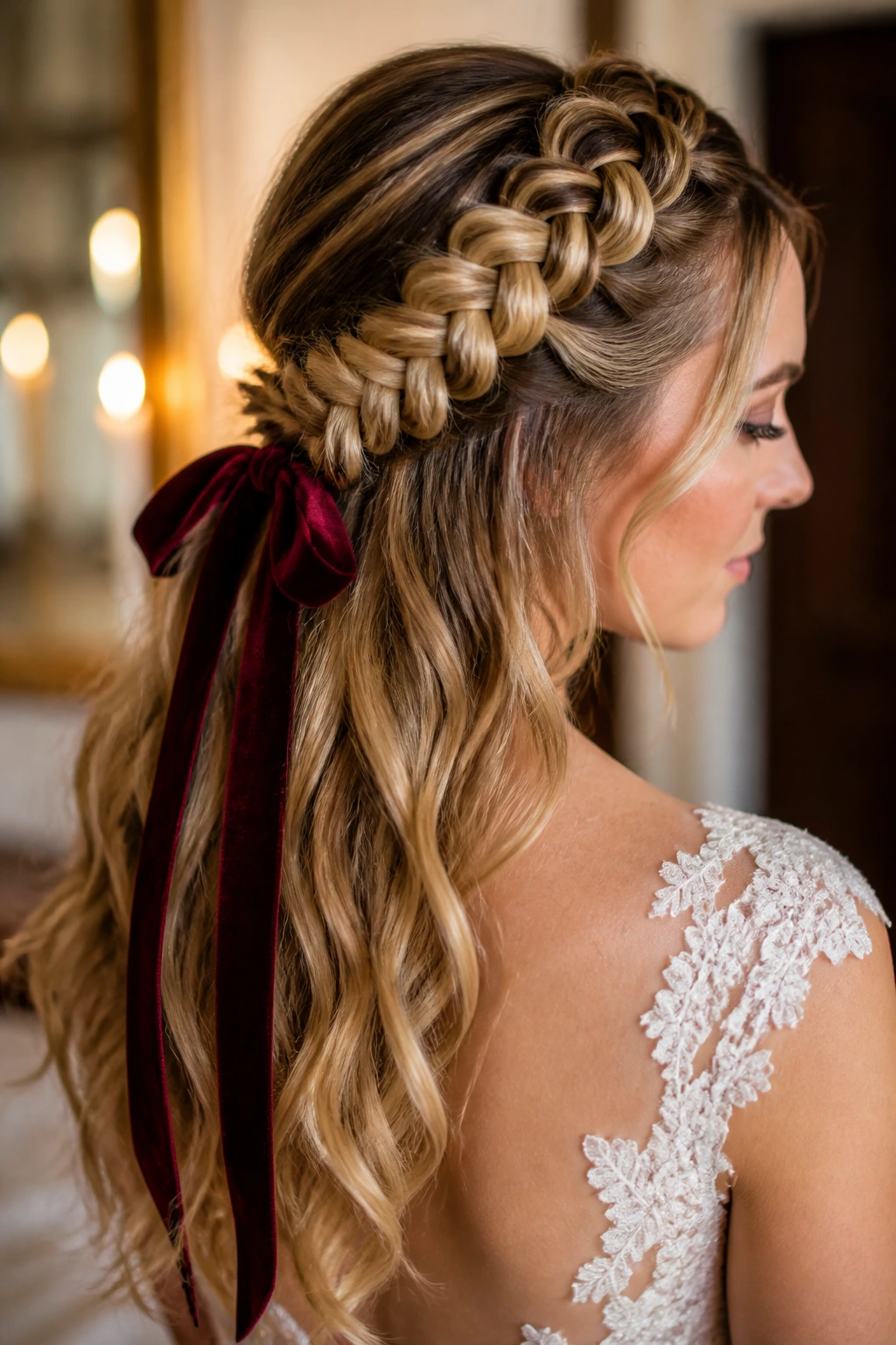 Real bride with Dutch side braid and velvet ribbon