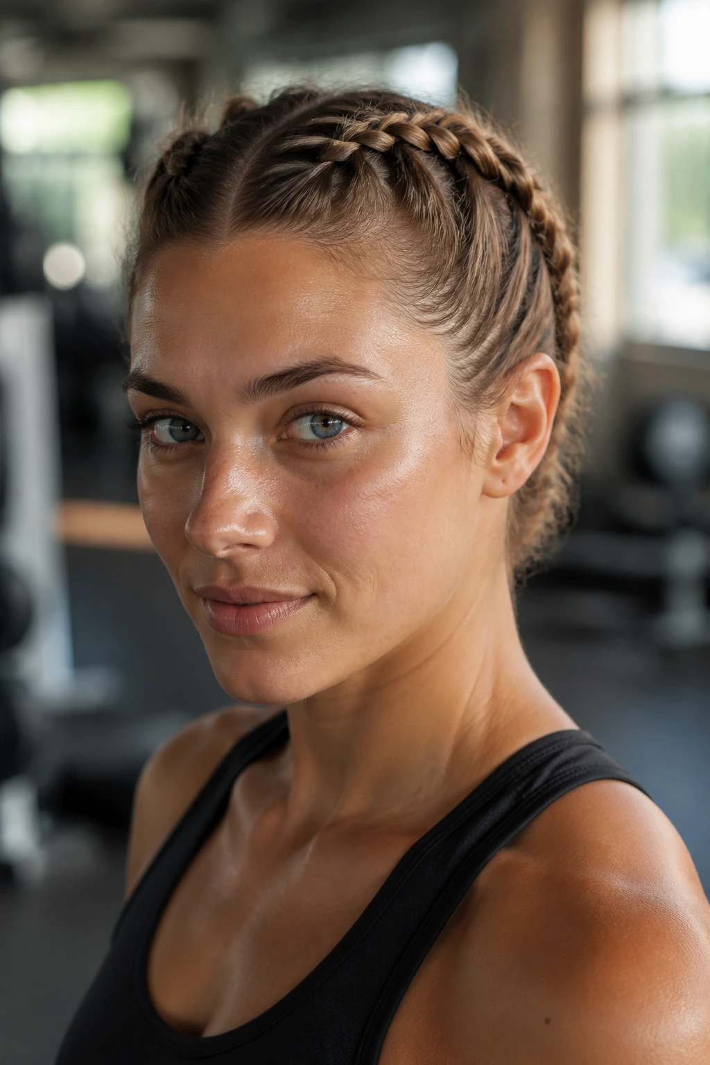 Close-up of a real person with two Dutch braids along the scalp, workout-ready.