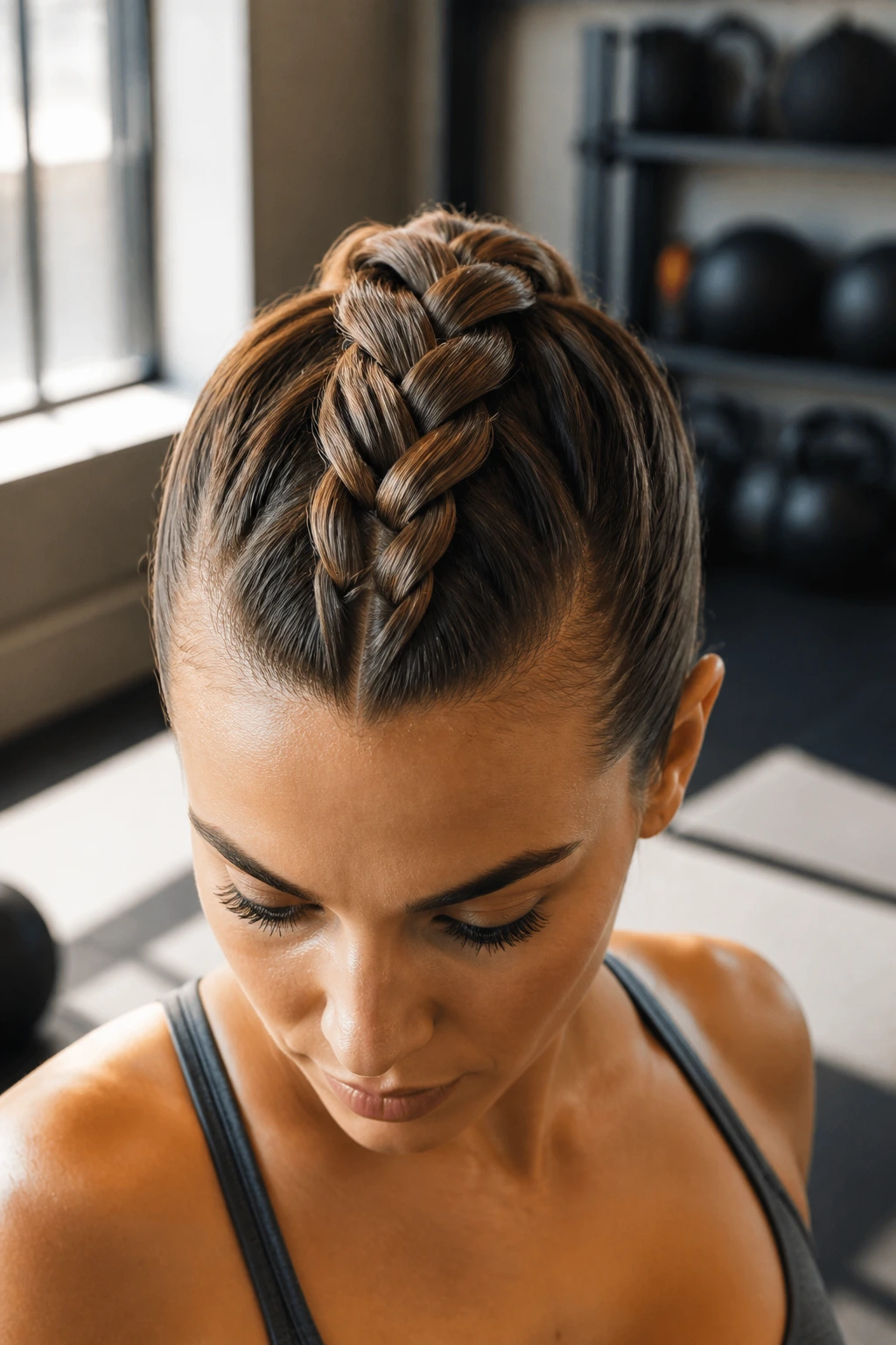 Close-up of a real woman with a raised Dutch braid during a workout