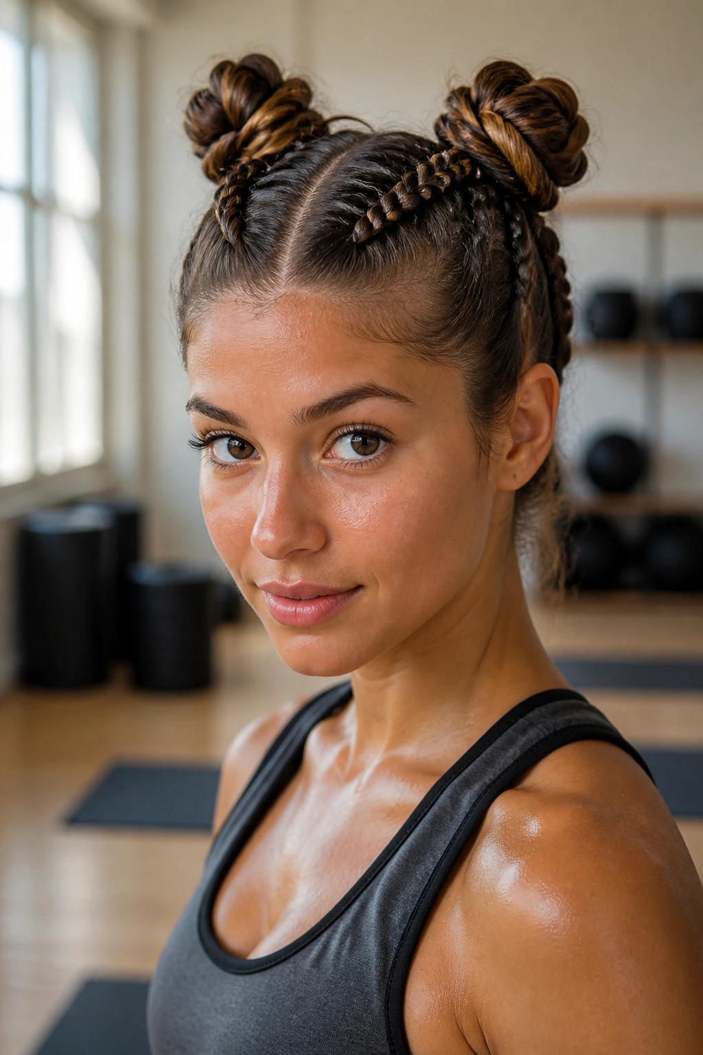 Close-up of a real woman with Dutch braided space buns and braids beneath