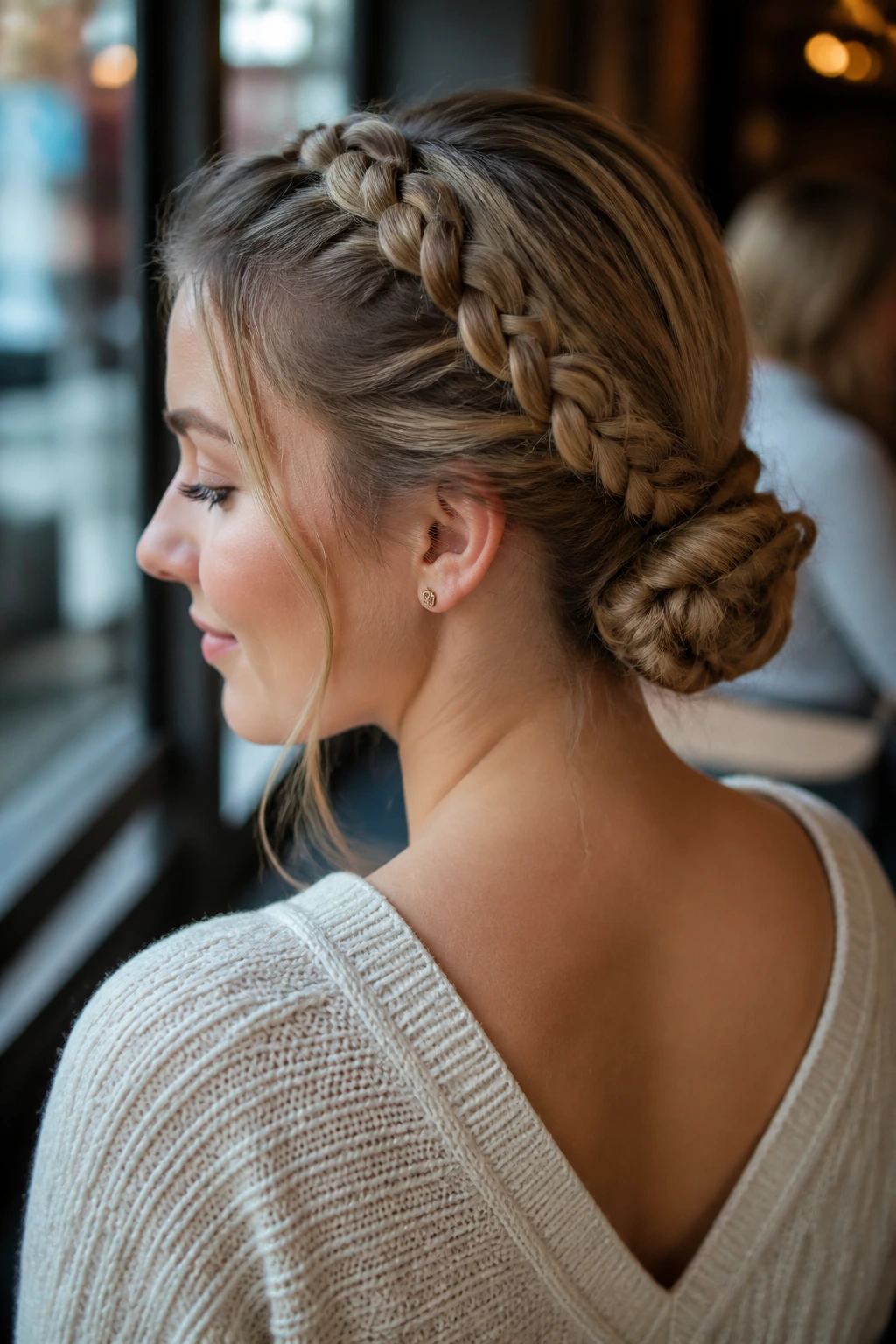 Close-up portrait of a real woman with Dutch braids forming a low bun at the nape