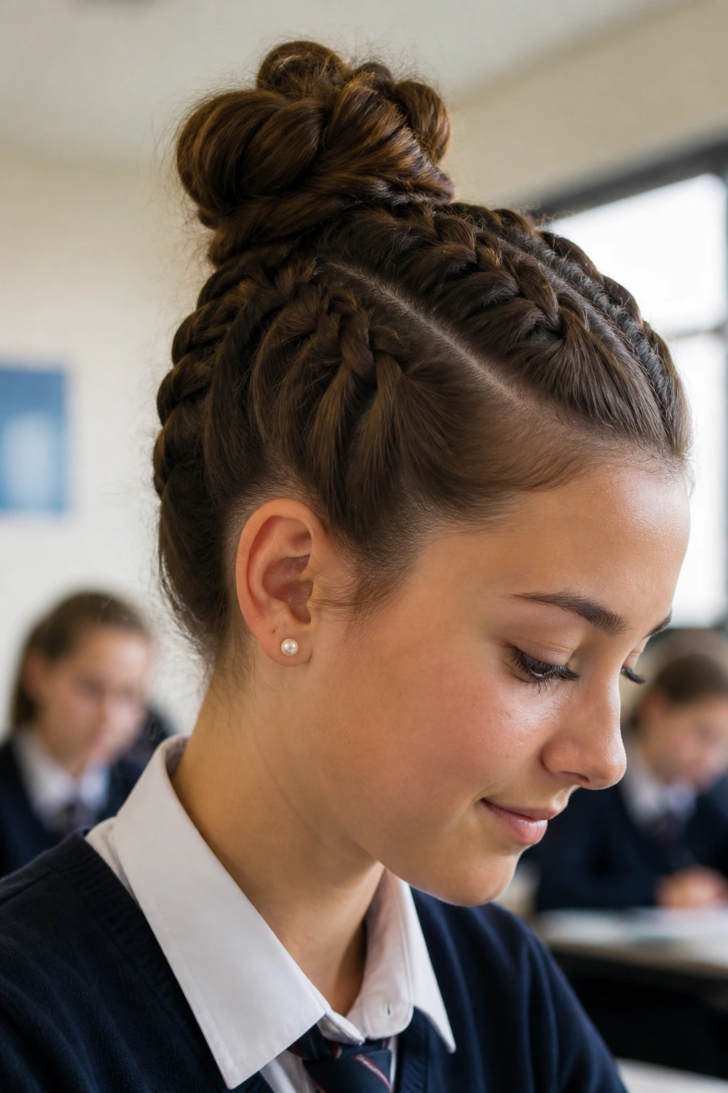 Close-up of Dutch braid bun combo hairstyle on real student in classroom