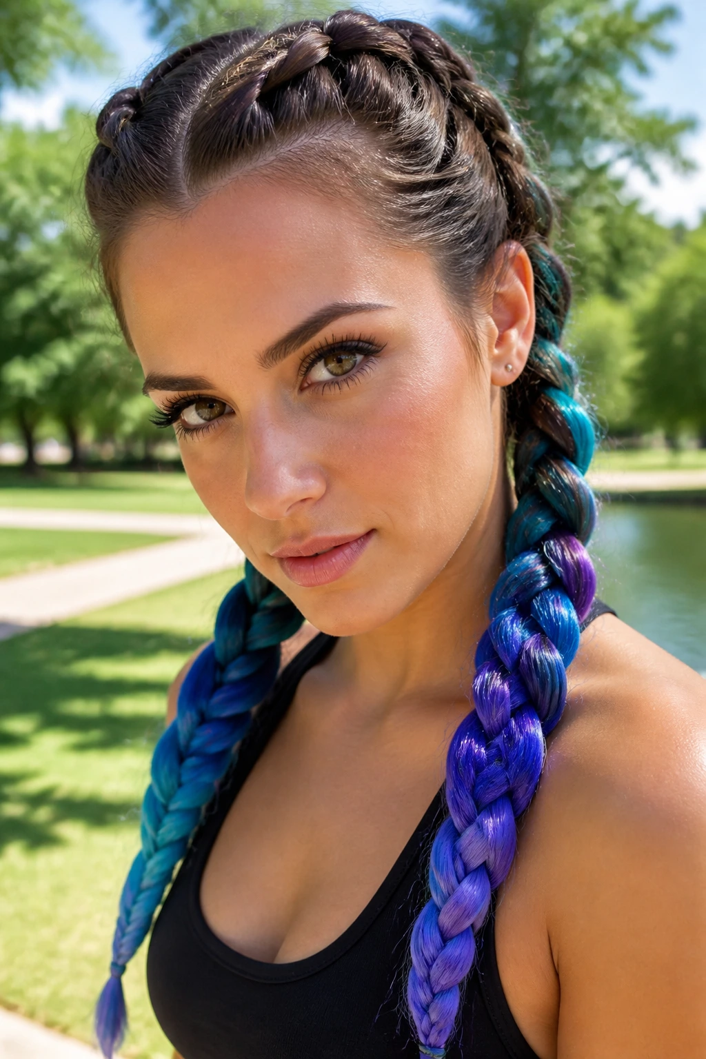 Portrait of a real person with Dutch braid pigtails featuring colorful extensions