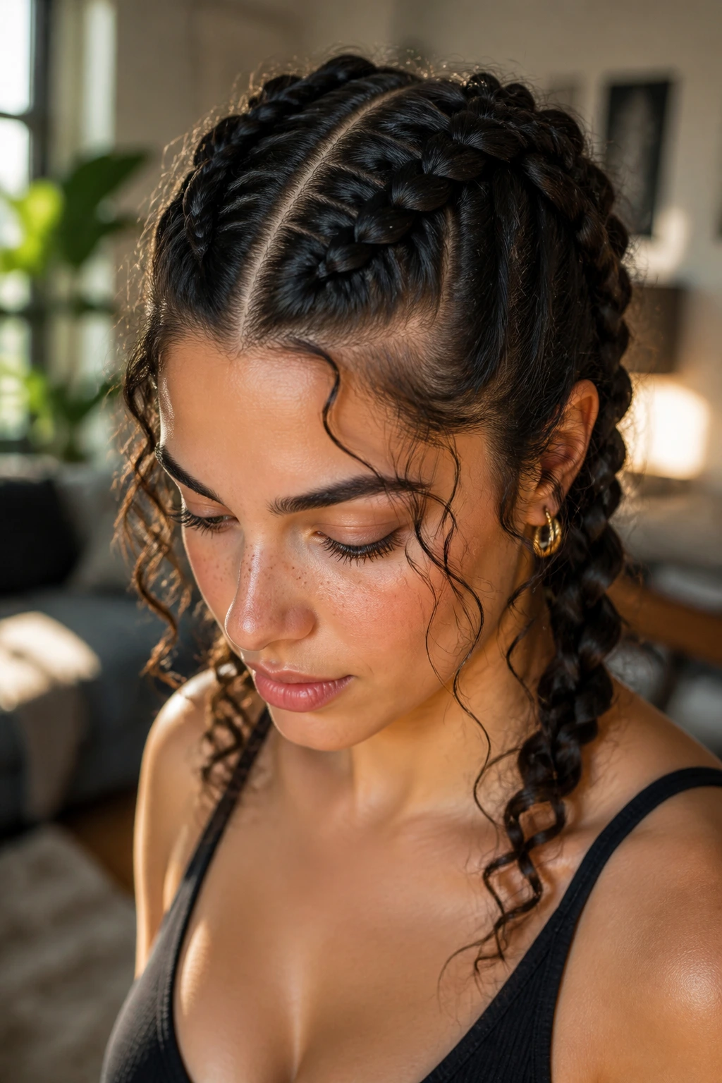 Close-up of real woman with two thick Dutch braids on curly hair