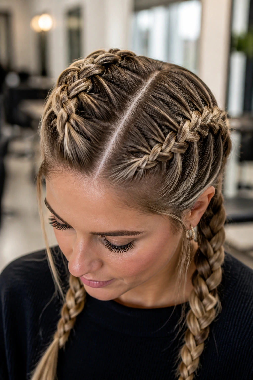 Close-up of a real person with two Dutch braids along a deep part in a bright salon.