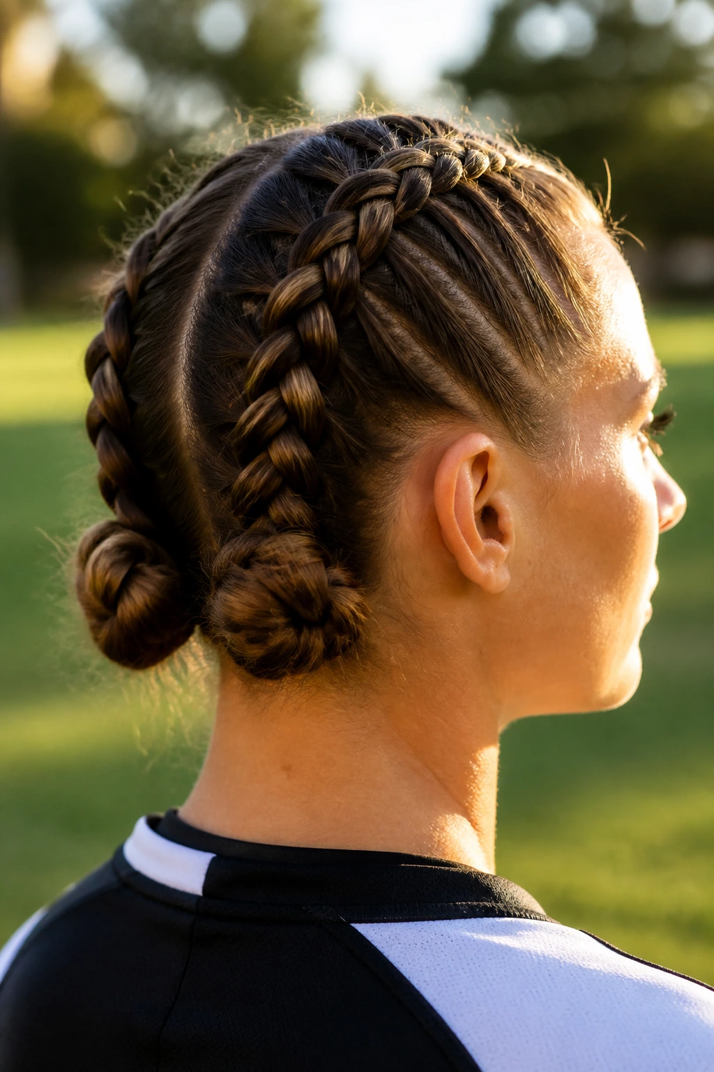 Close-up of a real person with Dutch braids forming double buns