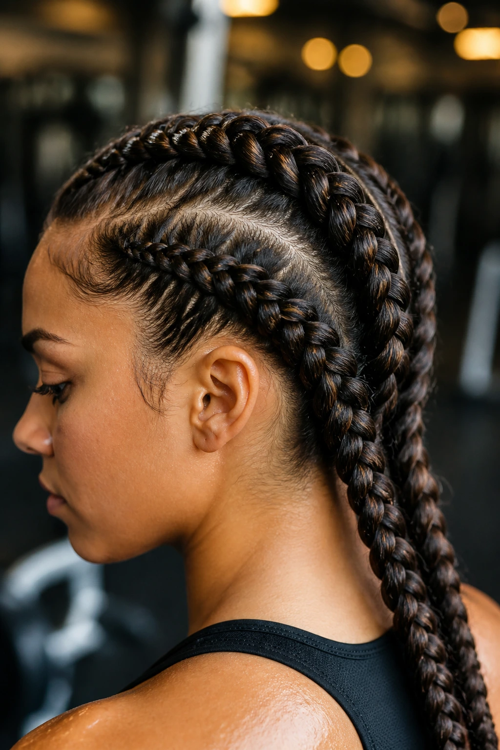 Portrait of a real person with two Dutch braids during workout, braids neatly secured.
