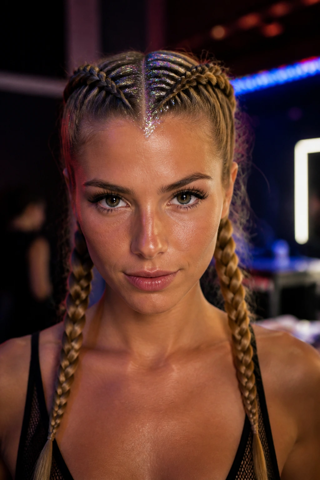 Close-up of Dutch braided pigtails with glitter roots on a real person.