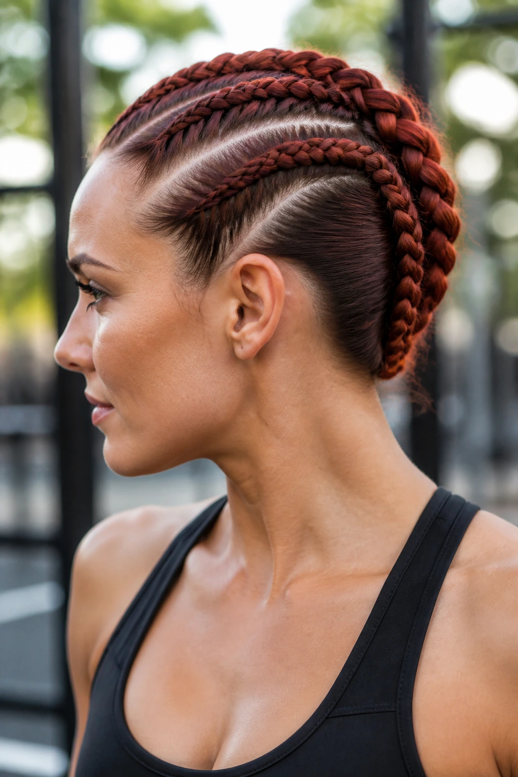 Real person with triple Dutch braid mohawk for workout