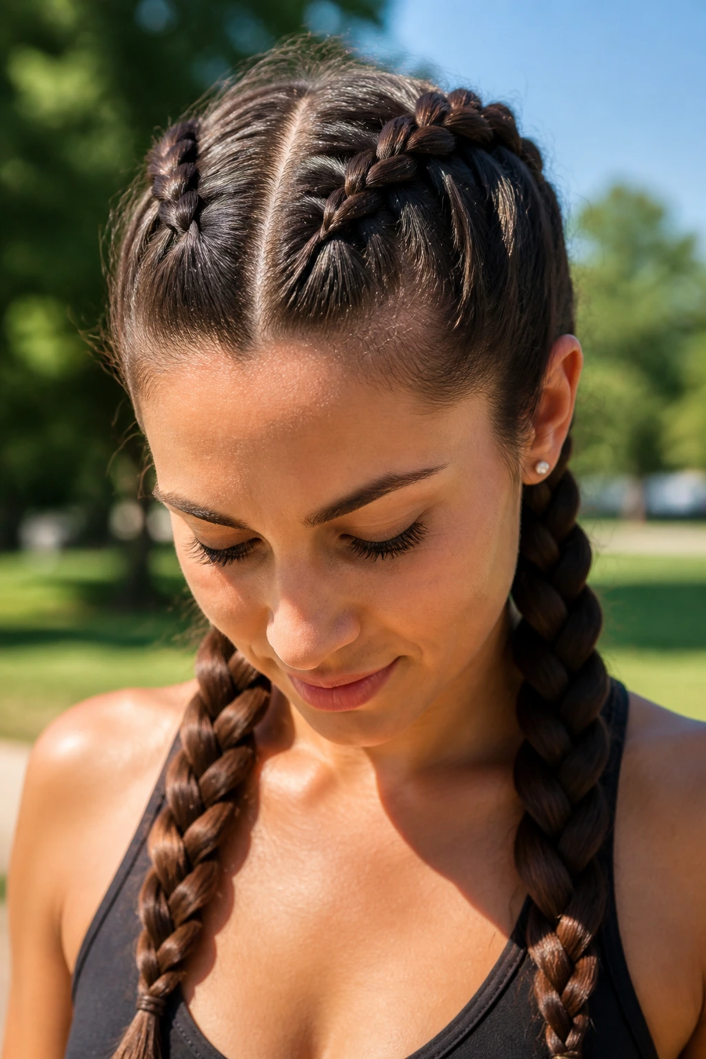 Close-up of a real woman with Dutch braided pigtails on top of her head