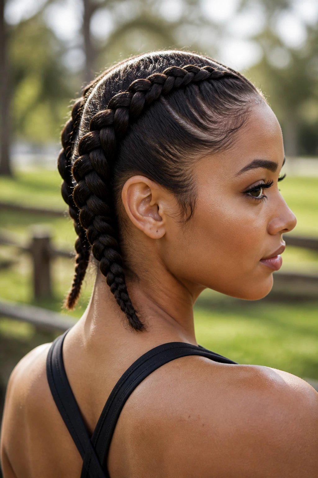 Real person with two Dutch braids outdoors