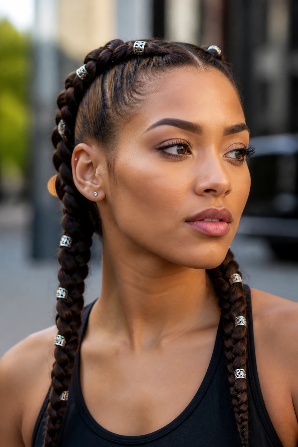 Real person with Dutch braids adorned with silver cuffs