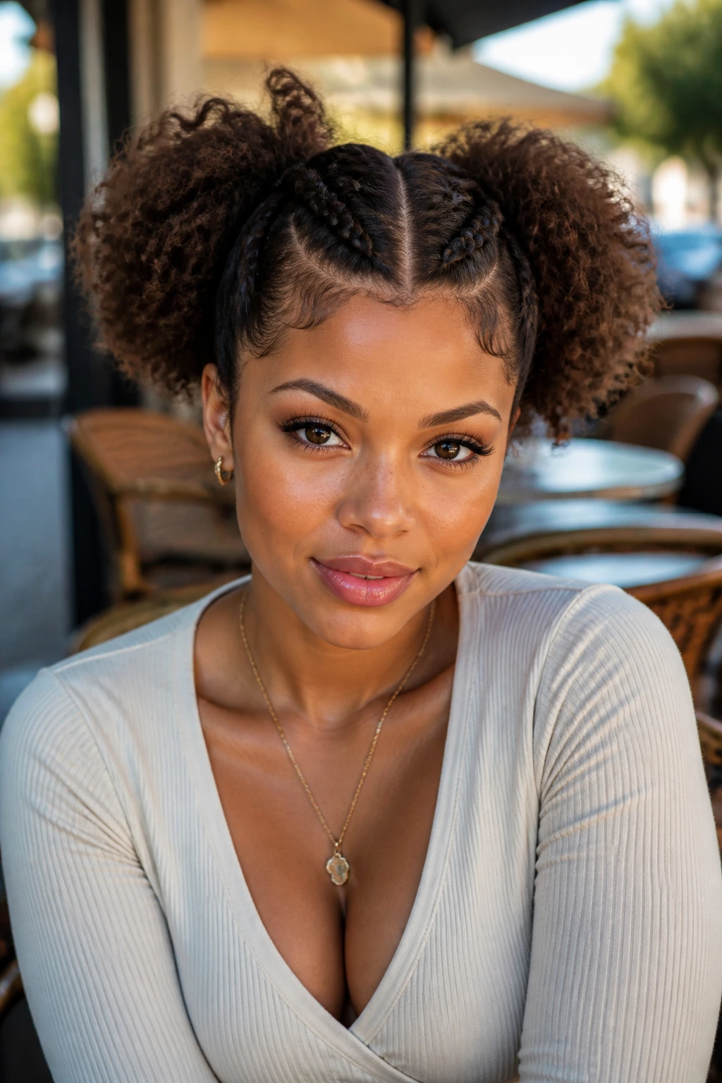 Real woman with two Dutch braids forming space puffs in outdoor cafe light