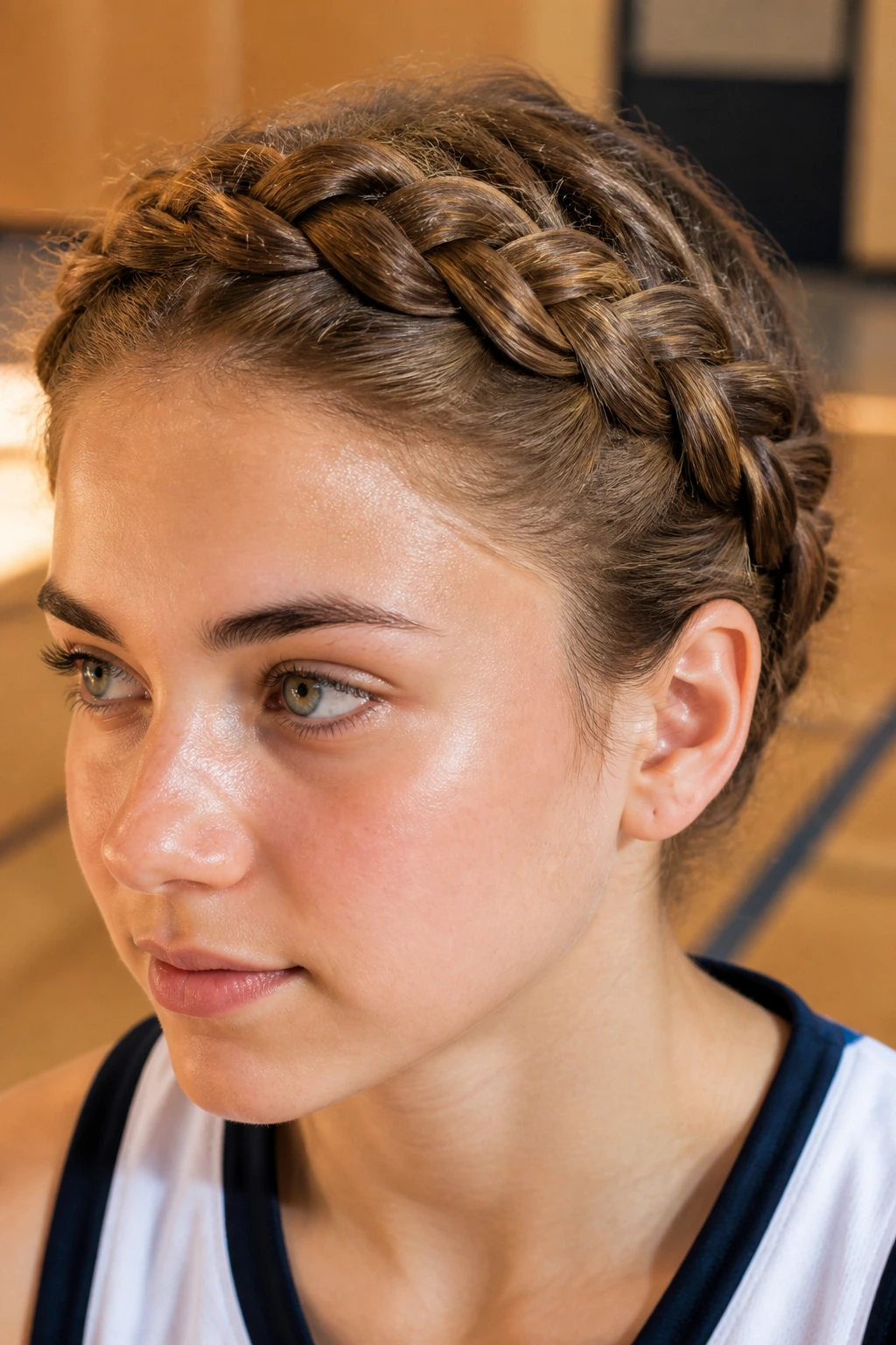 Real person wearing a Dutch crown braid around the head