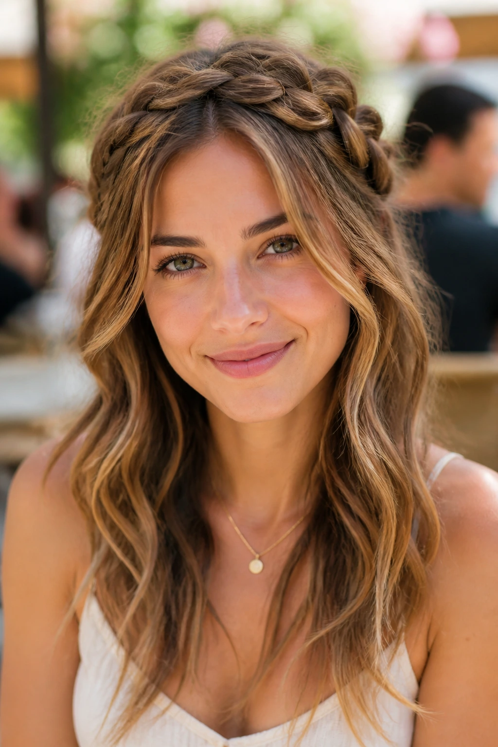 Front portrait of a woman wearing a half-up Dutch crown braid with pancaked loops.