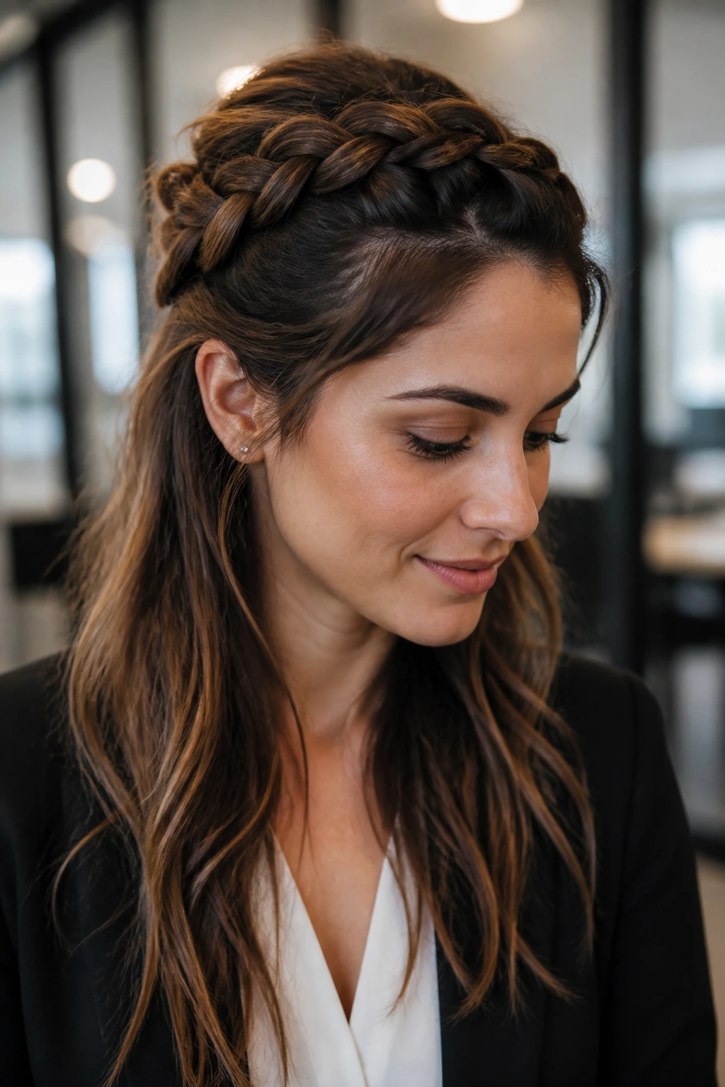 Close-up of a real woman with a Dutch crown braid in an office setting