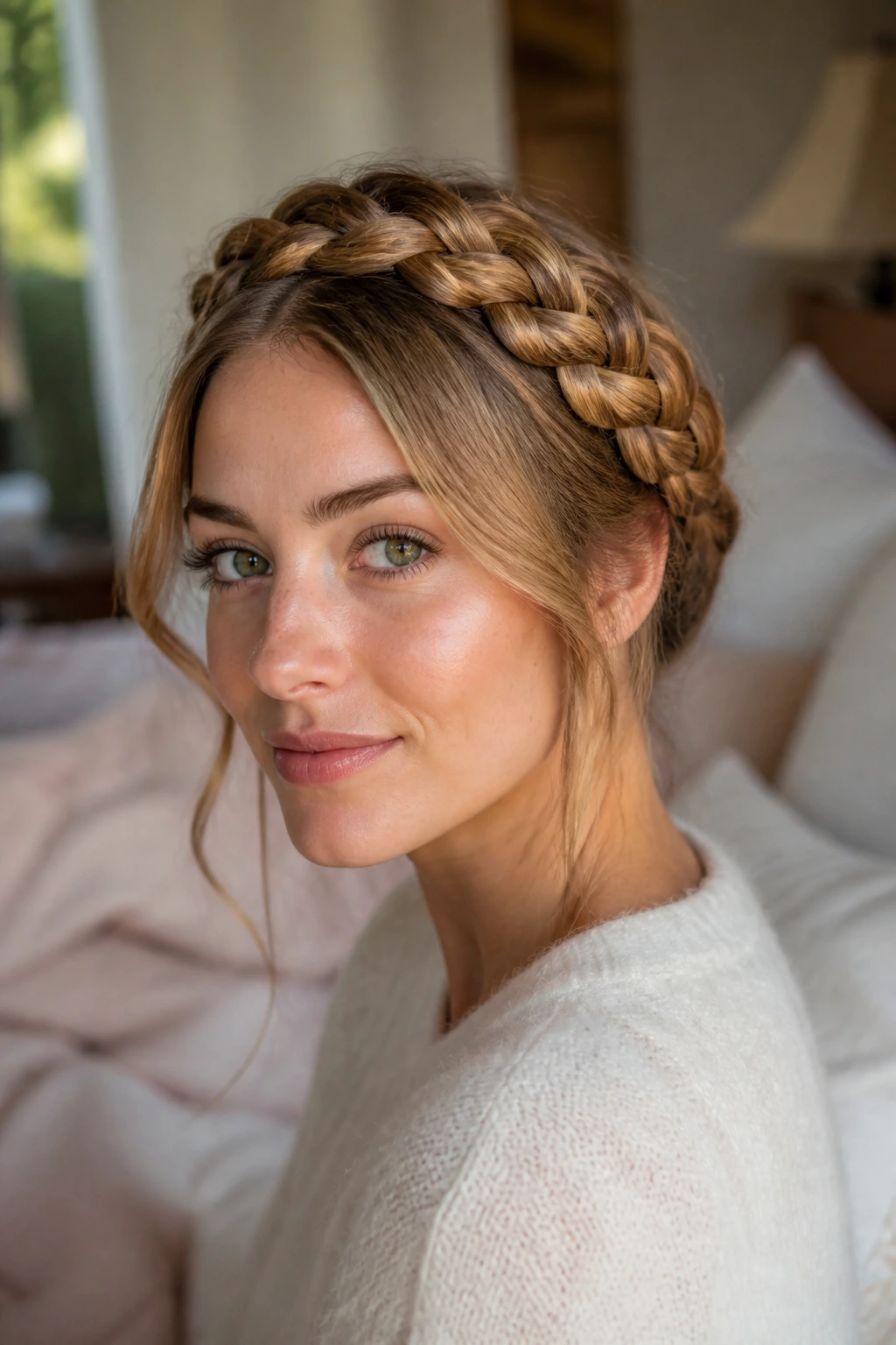 Close-up of a real woman wearing a three-strand Dutch crown braid around the head.