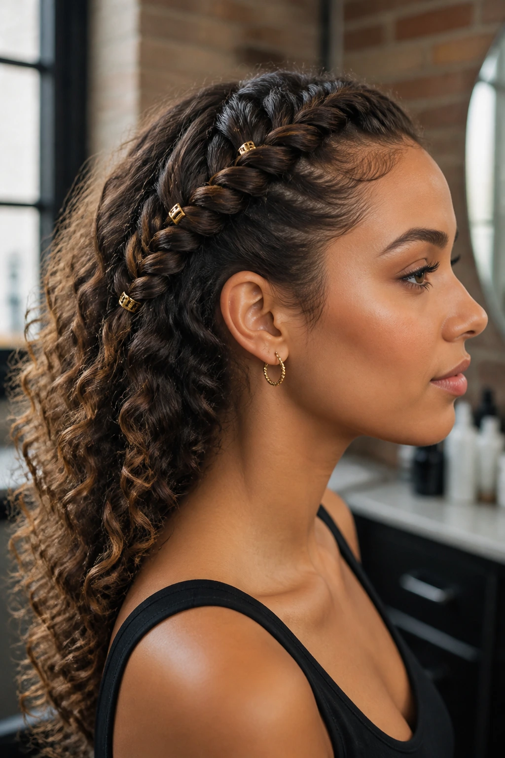 Side-profile of a real woman with a Dutch fishtail on top of the head
