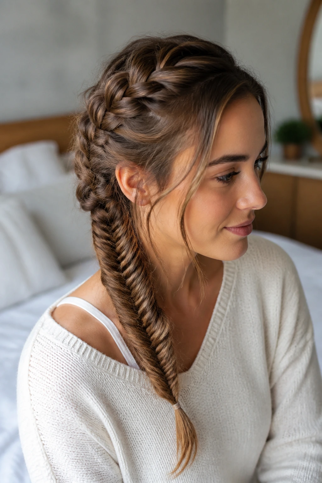 Close-up of real woman with Dutch braid at crown blending into fishtail braid.