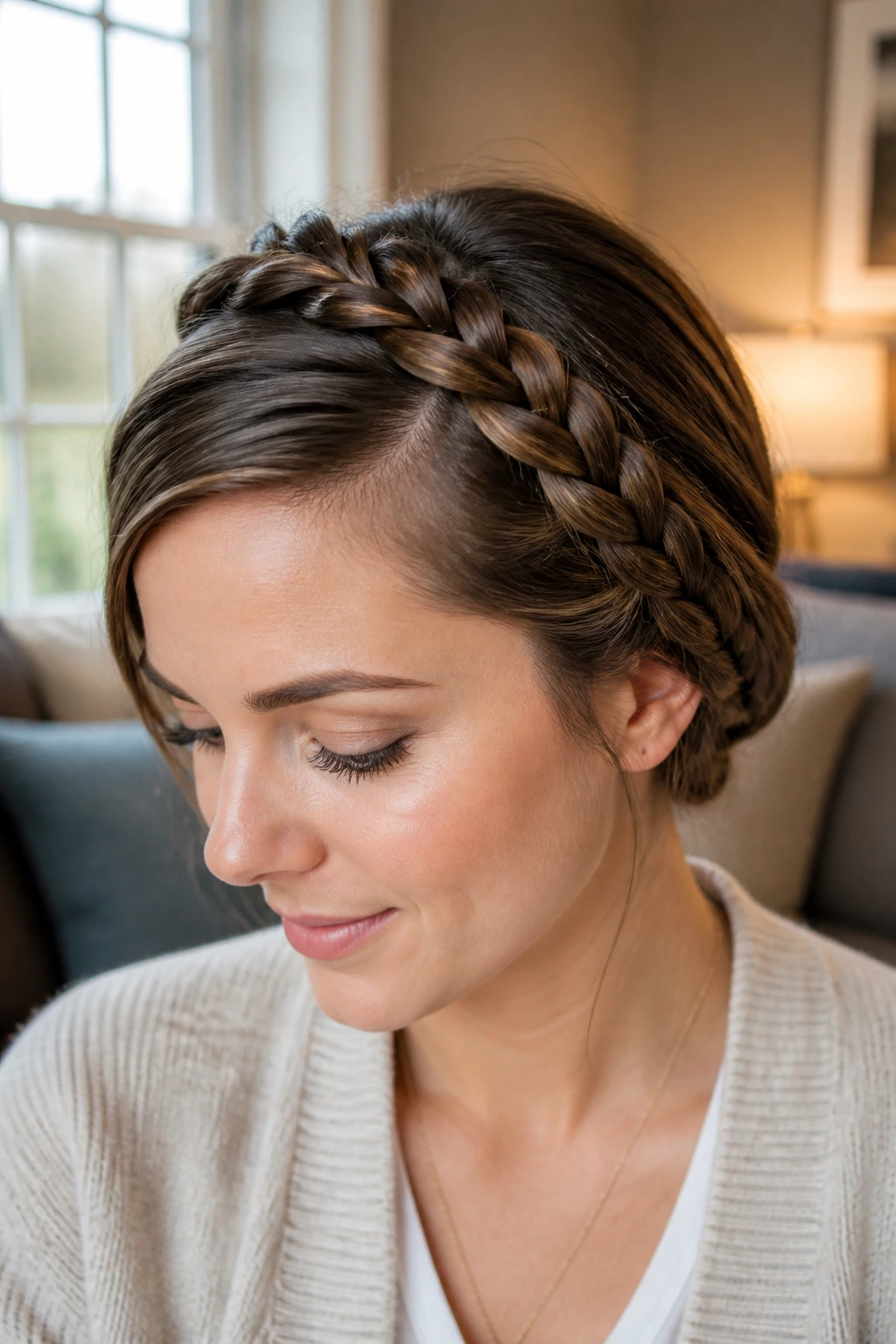 Close-up of a woman wearing a Dutch headband hairstyle along the hairline