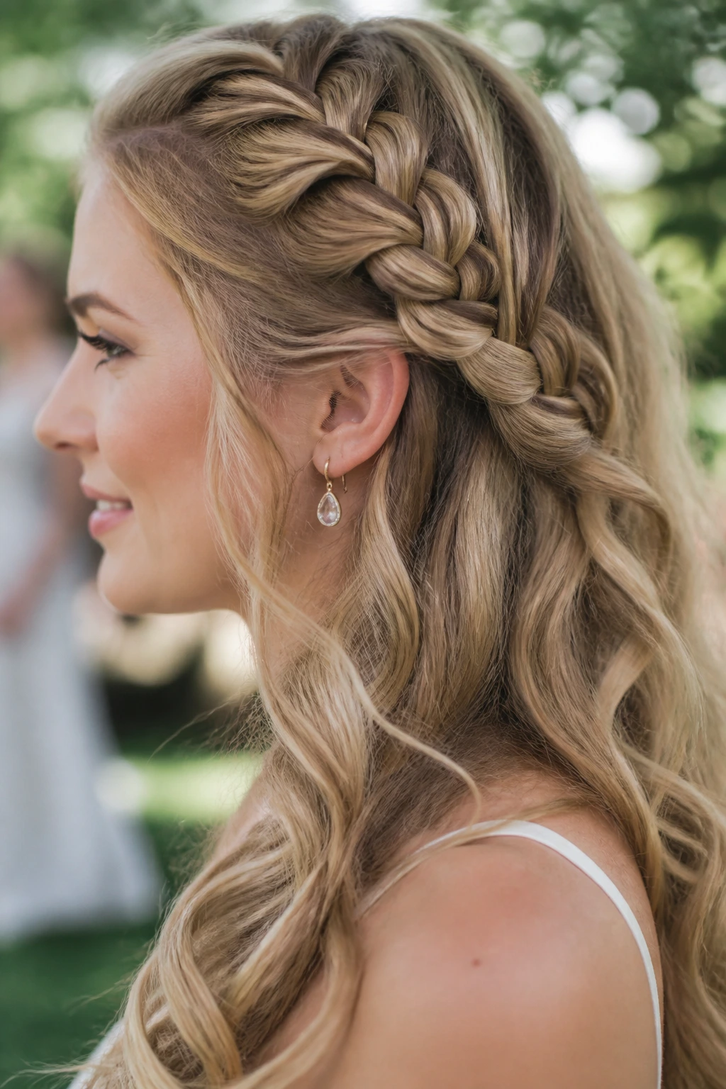 Close-up of a real woman with a voluminous Dutch side-braid in a garden setting.