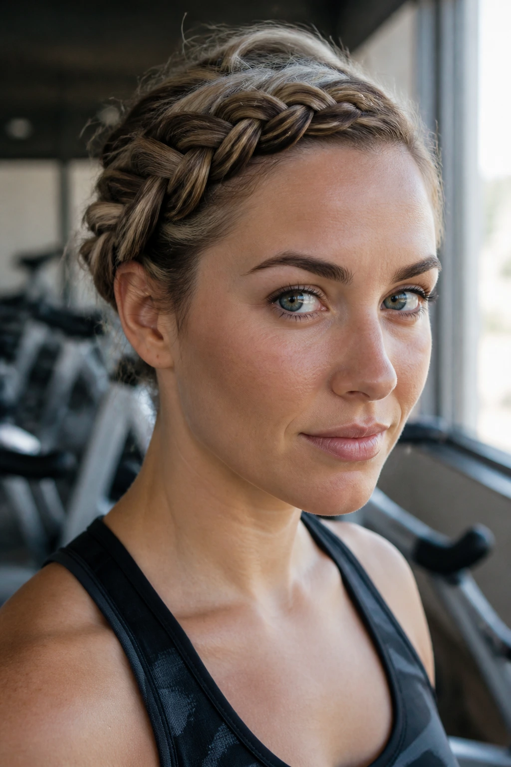 Front-facing portrait of a person with a Dutch side-part plait as a headband in a gym