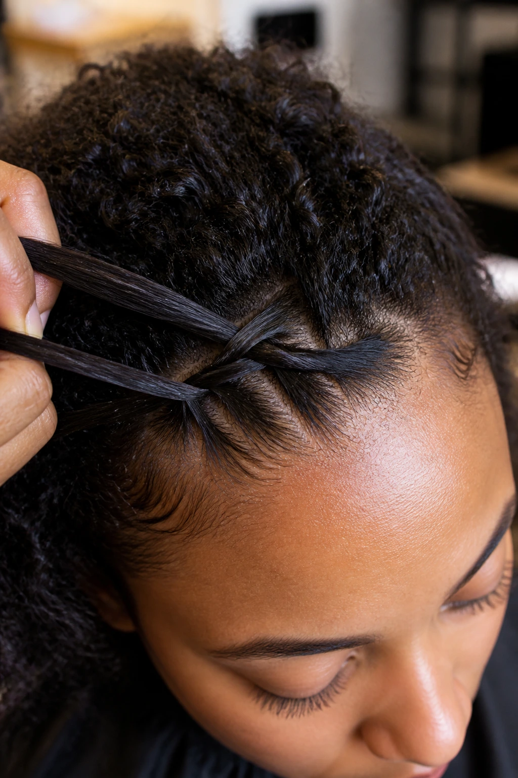 Close-up of three-strand Dutch weave starting at the front hairline on a real person