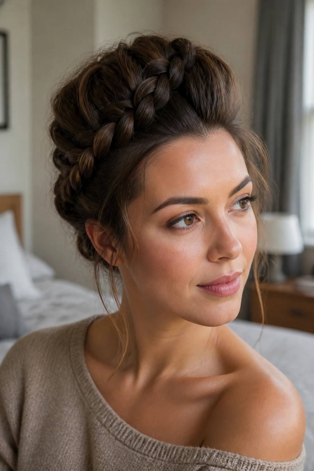 Close-up of a real woman with a Dutch braid pompadour at the crown under warm natural light.