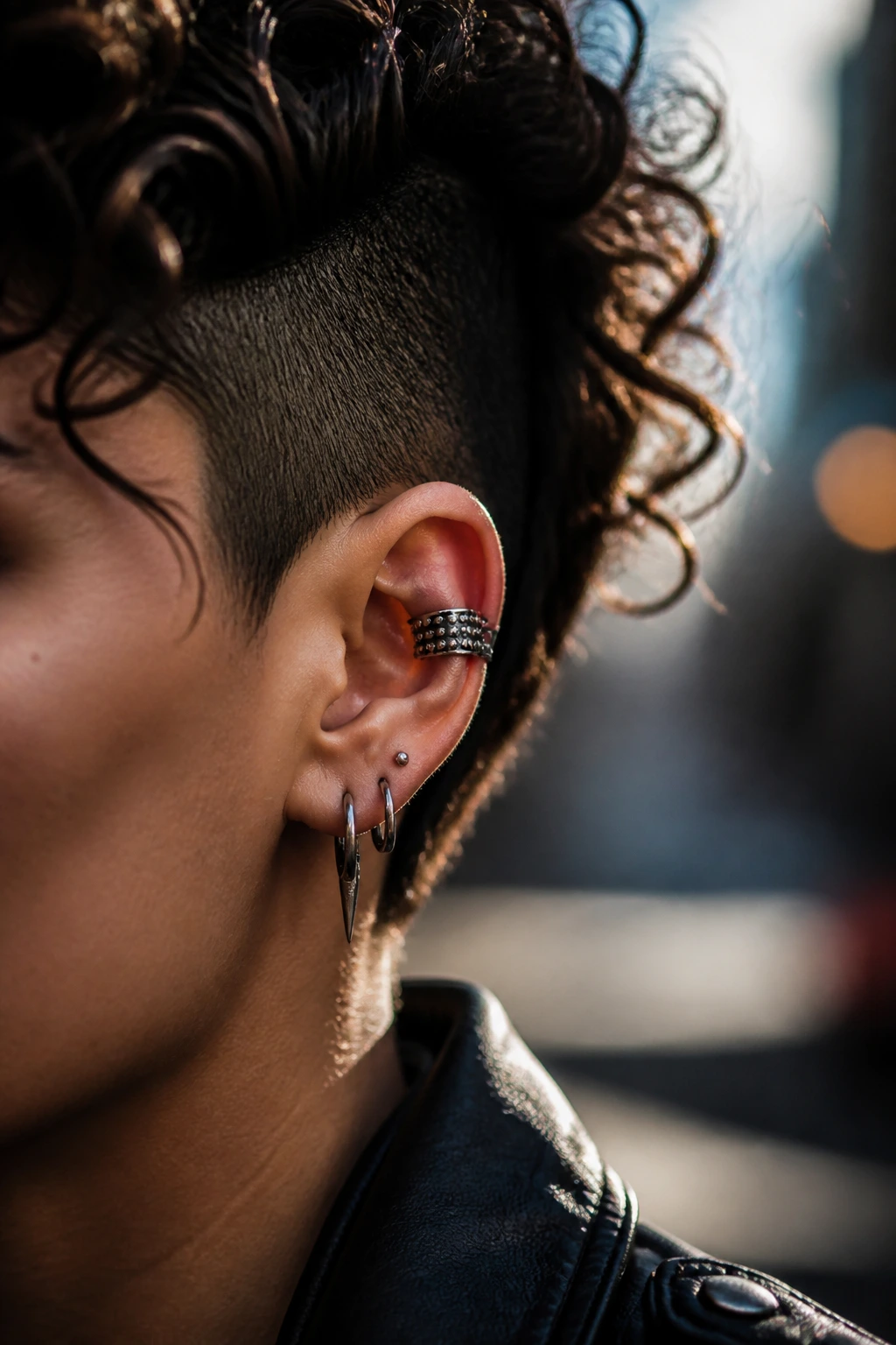 Close-up of studded punk ear cuff on a real person