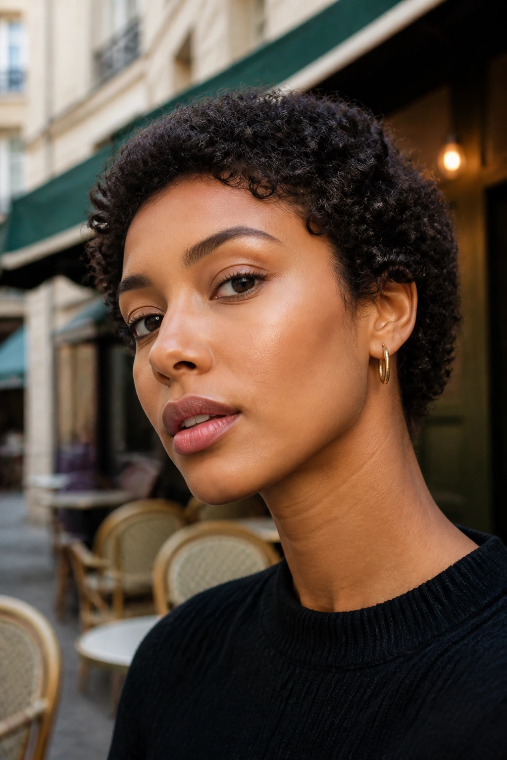 Close-up of a real person with ear-grazing micro bob highlighting jawline and neck.