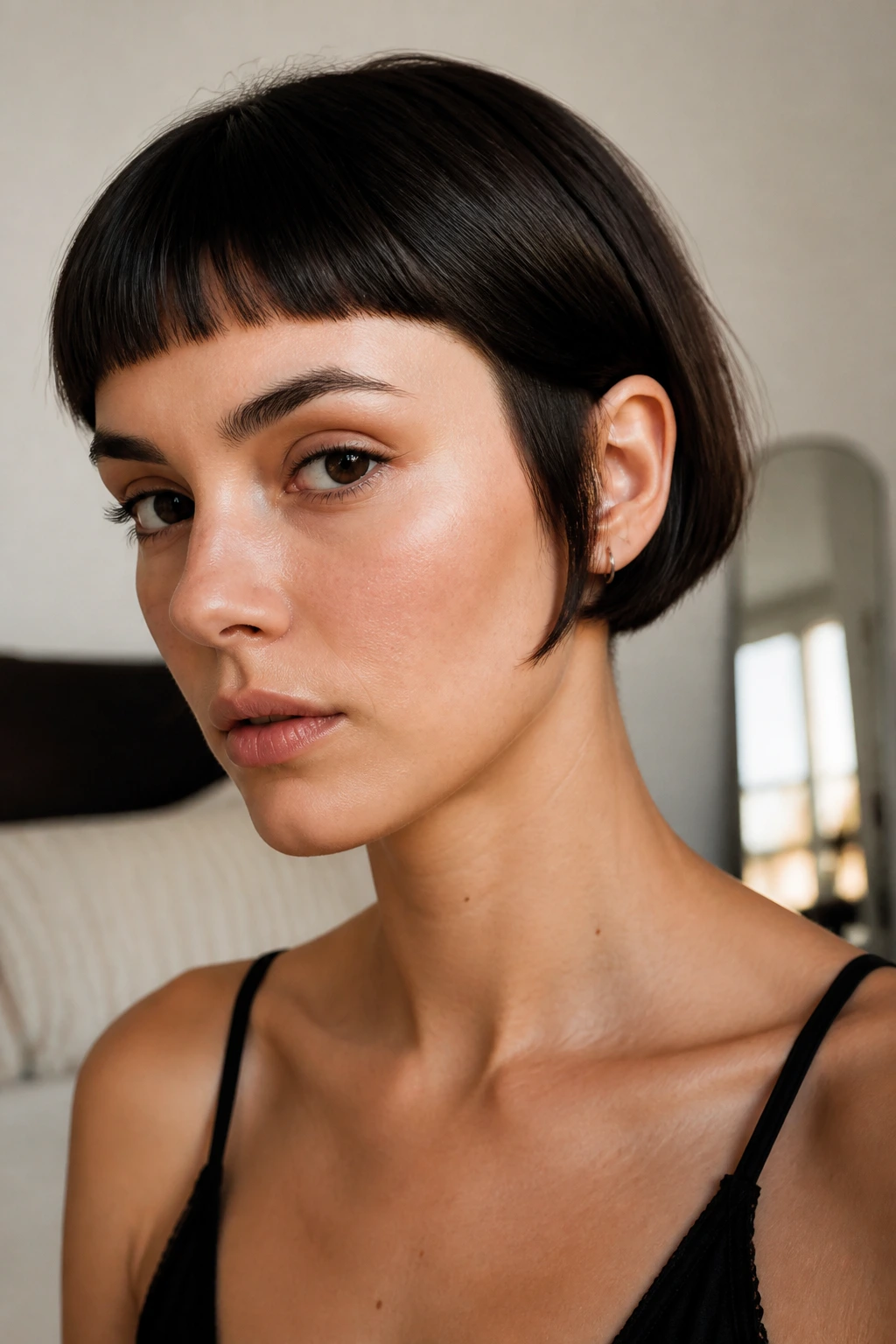 Close-up of a real woman with an ear-grazing micro bob