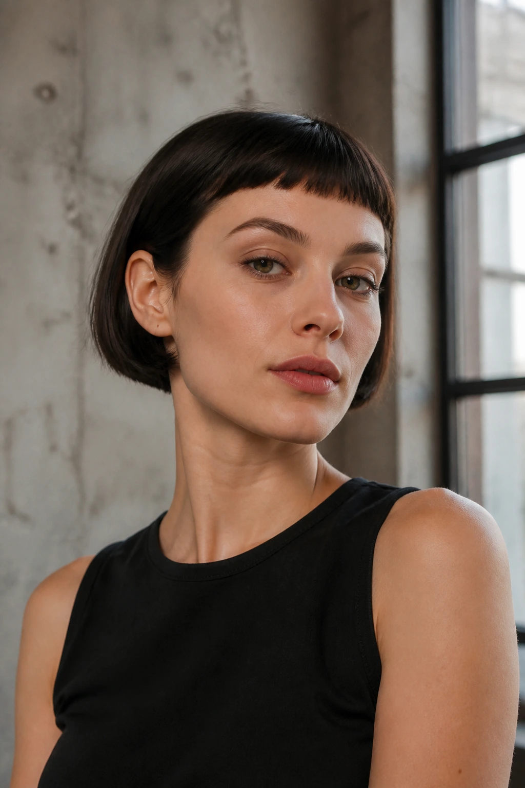 Portrait of real woman with ear-length bob and baby fringe in urban loft lighting