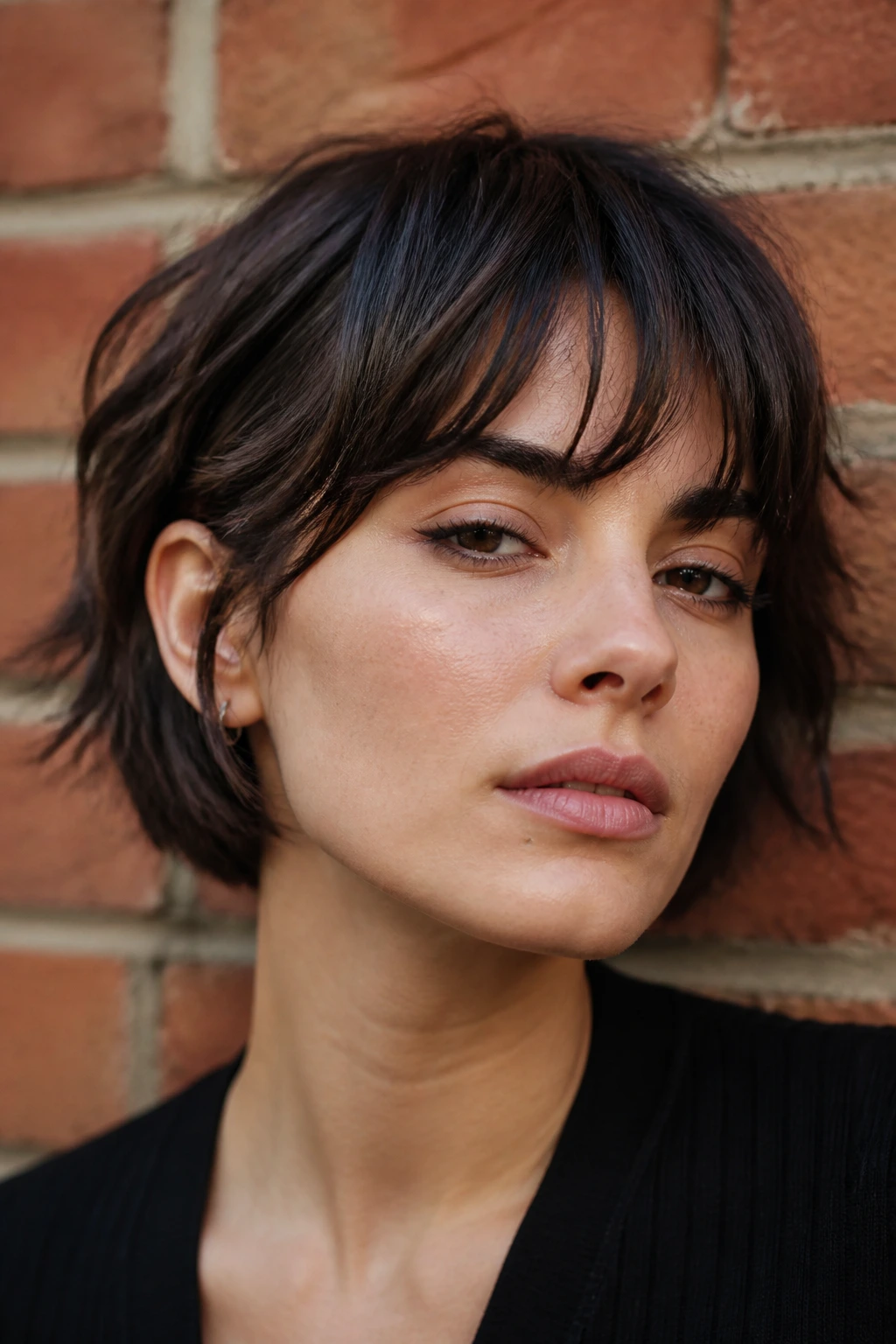 Close-up of a real woman with ear-length choppy bob against an urban brick wall in soft daylight