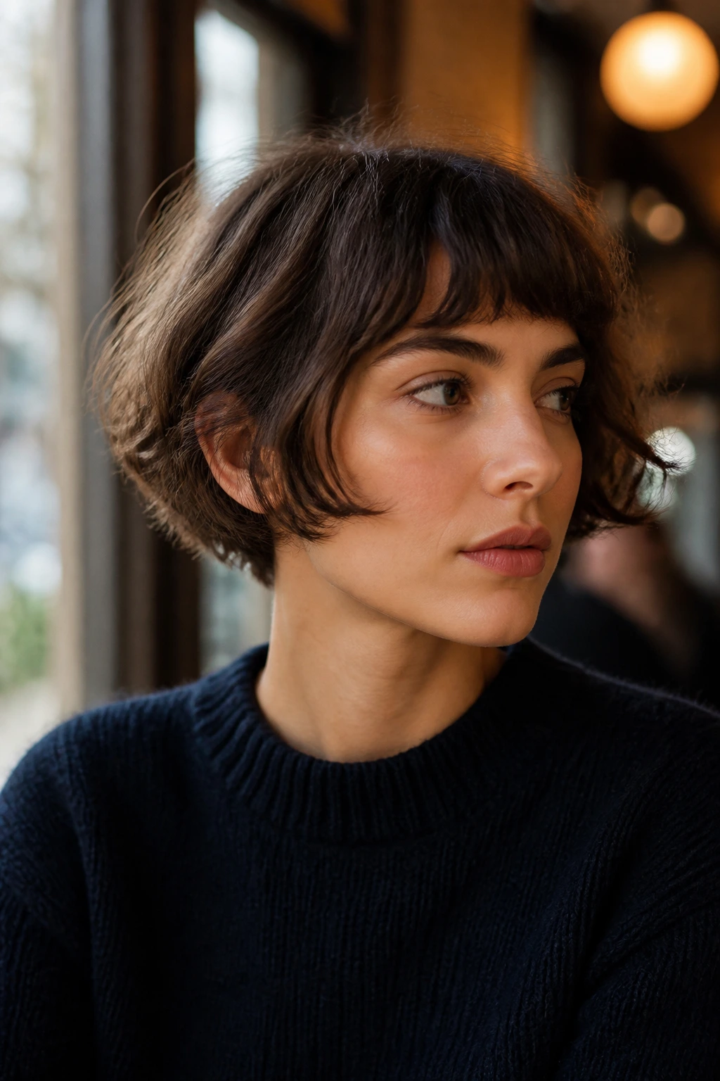 Real person with ear-level French bob and minimal weight