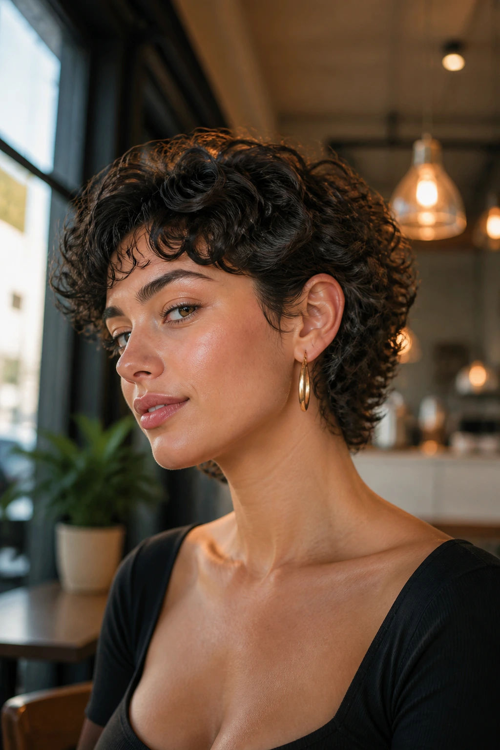 Real woman with ear-length layered curls