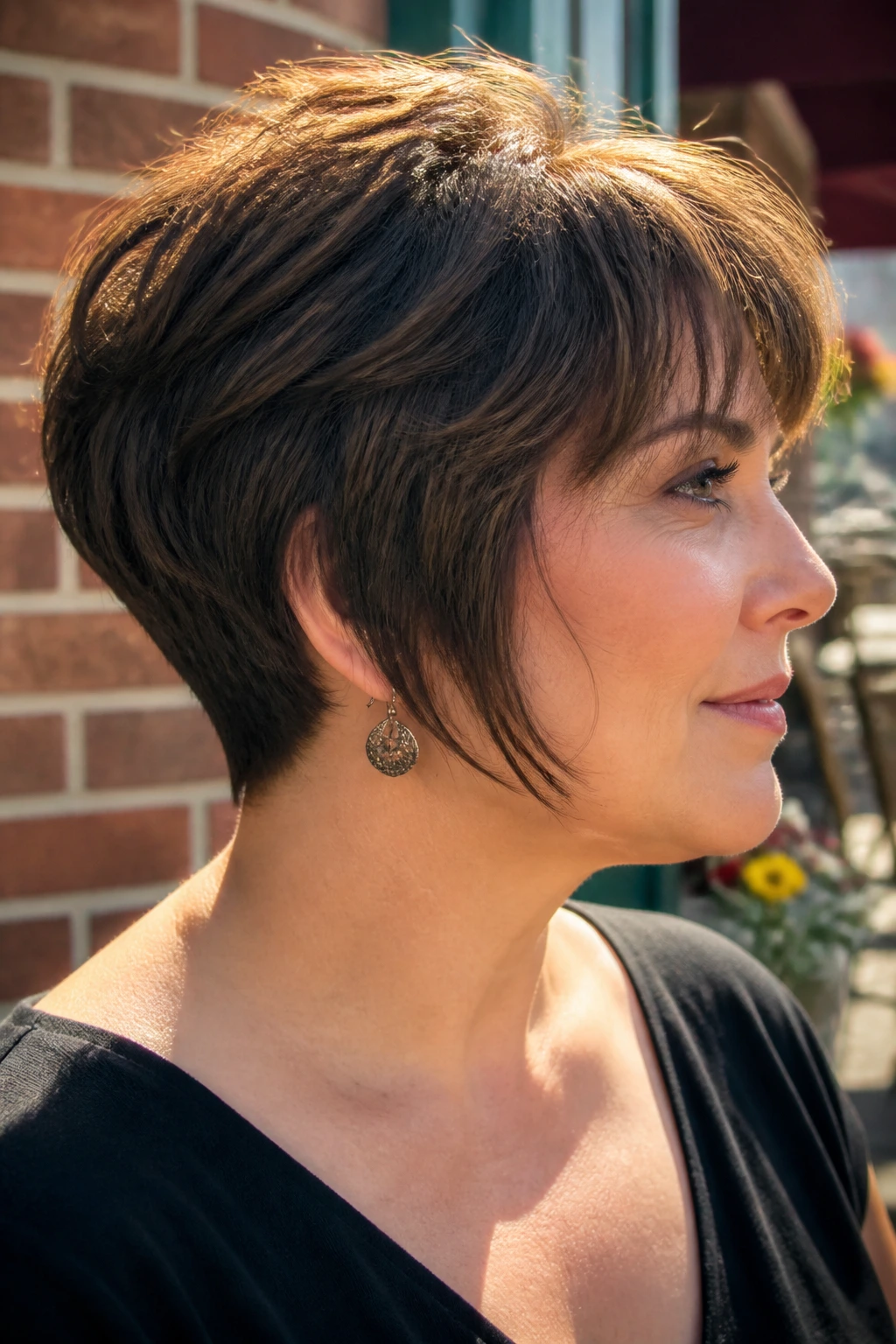 Profile of a woman with ear-length stacked bob outdoors