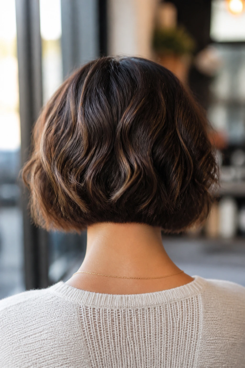 Back view of a real woman with ear-to-ear graduated sweep in a modern setting