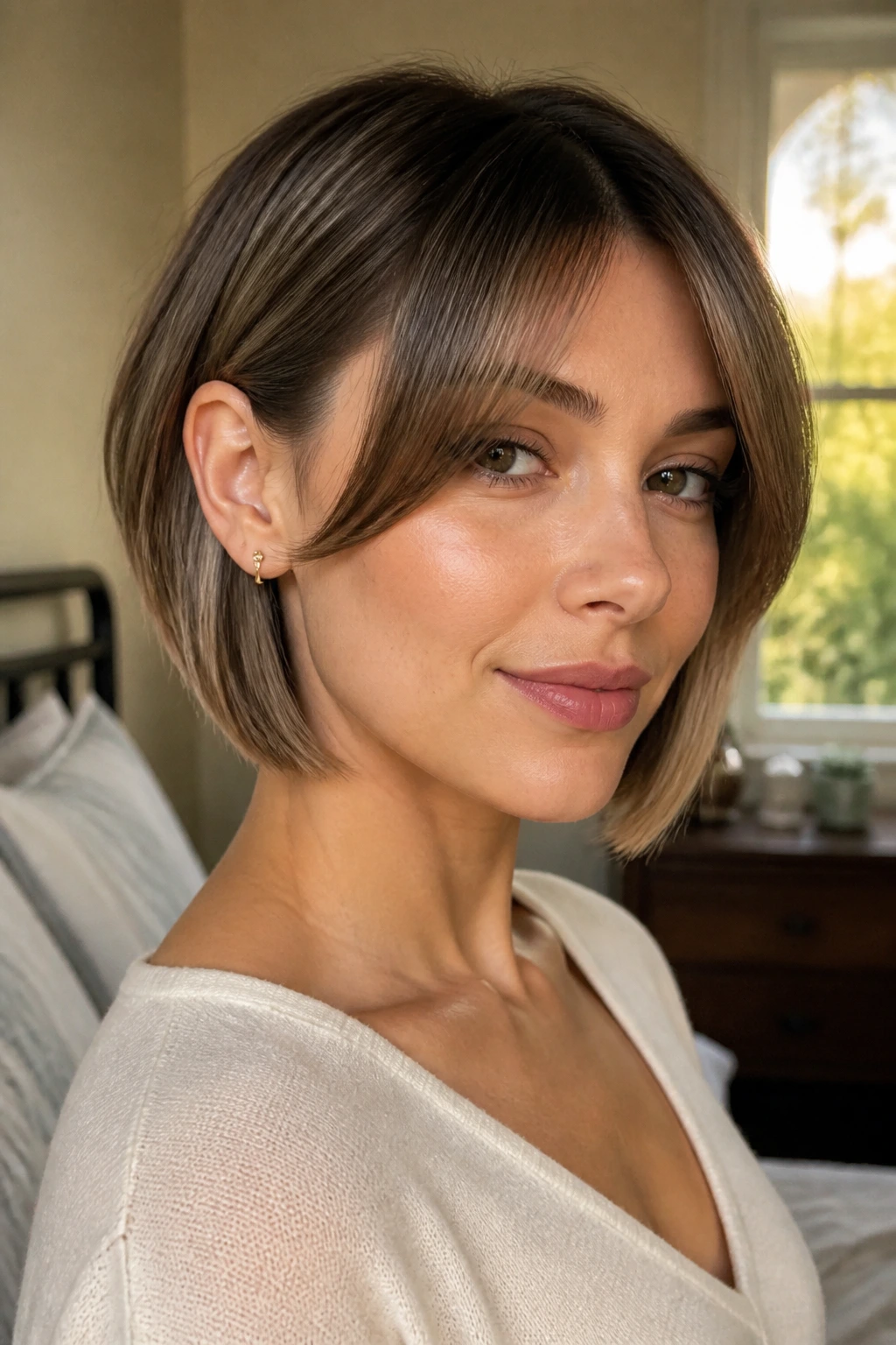 Close-up portrait of a real woman with an ear-tuck angled bob and curtain bangs.