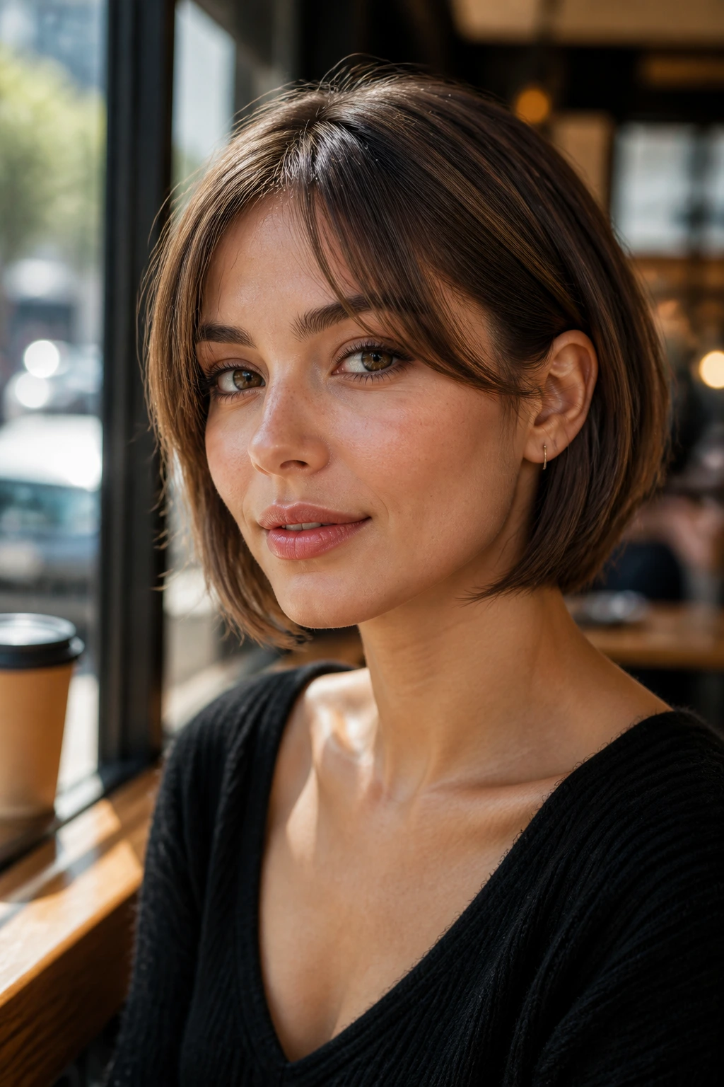 Close-up of a real woman with an ear-tuck bob tucked behind the ear in a sunlit cafe setting