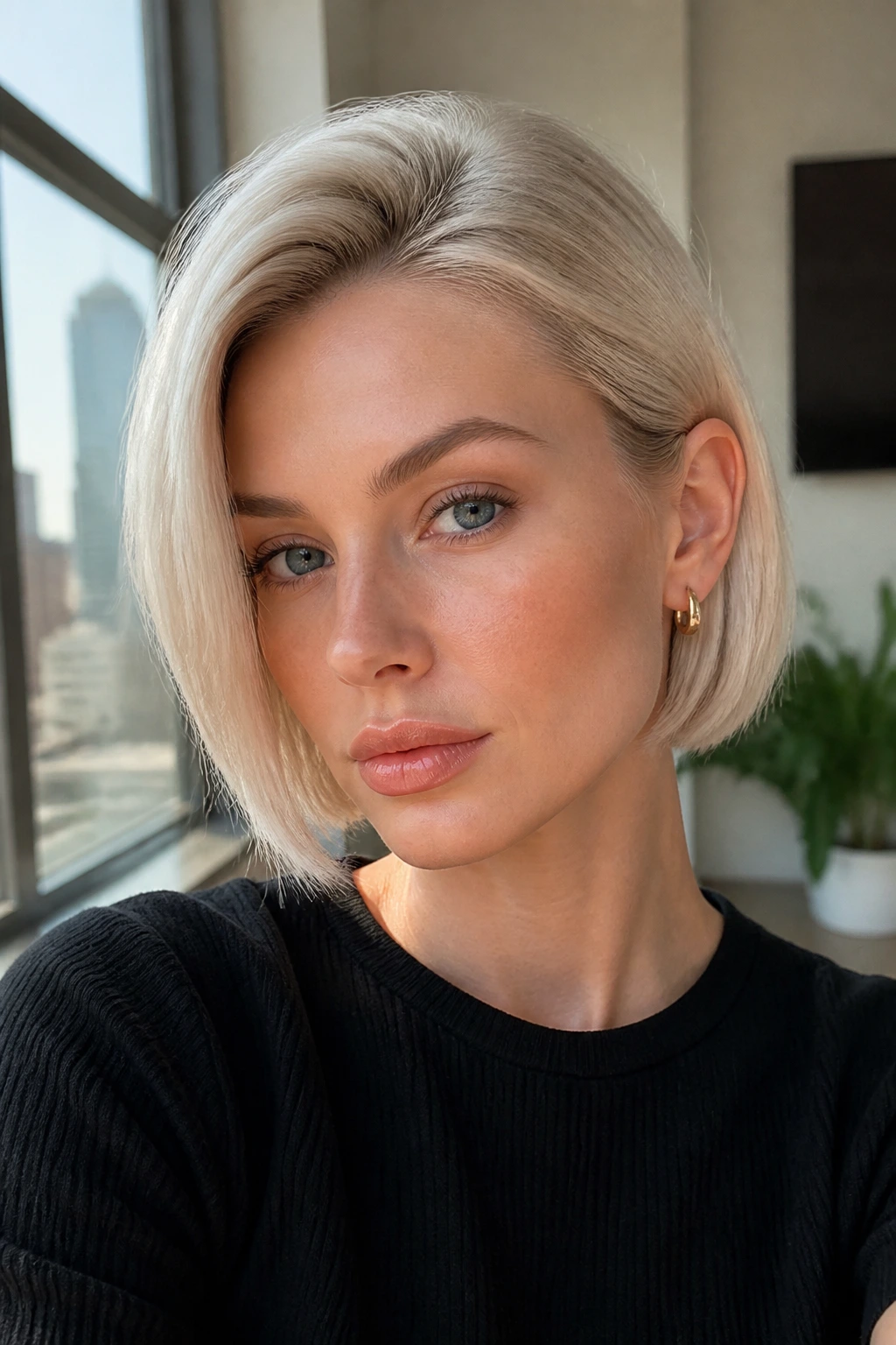 Real woman with ear-tuck bob in platinum blonde